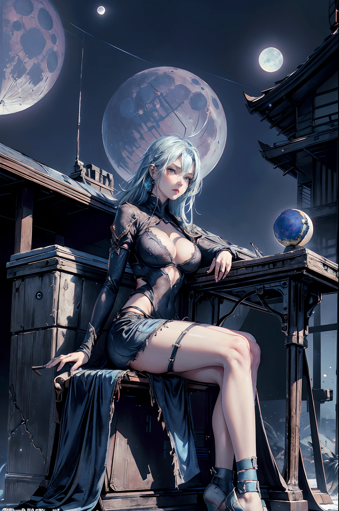 Cinematic lighting,super detailed skin、Beautiful detailed eyes、Best Quality,cyberpunked,(Alternative、dim colors, Soothing tones:1.3),NSFW(1beautiful woman、Detailed beautiful facial features、Blue eyes、slenderbody:1.3)(well-shaped breasts、cleavage of the breast、Stand nipple、Ripped clothes:1.5).(Possession of a sword、bending forward:1.2)(Sitting in an old chair、Stand on one knee:1.5)Cyber City Destroyed、Doomsday World、Cyber Japan、On the roof of a building、(Geometric Moon:1.2)、((from below、dynamic angle))