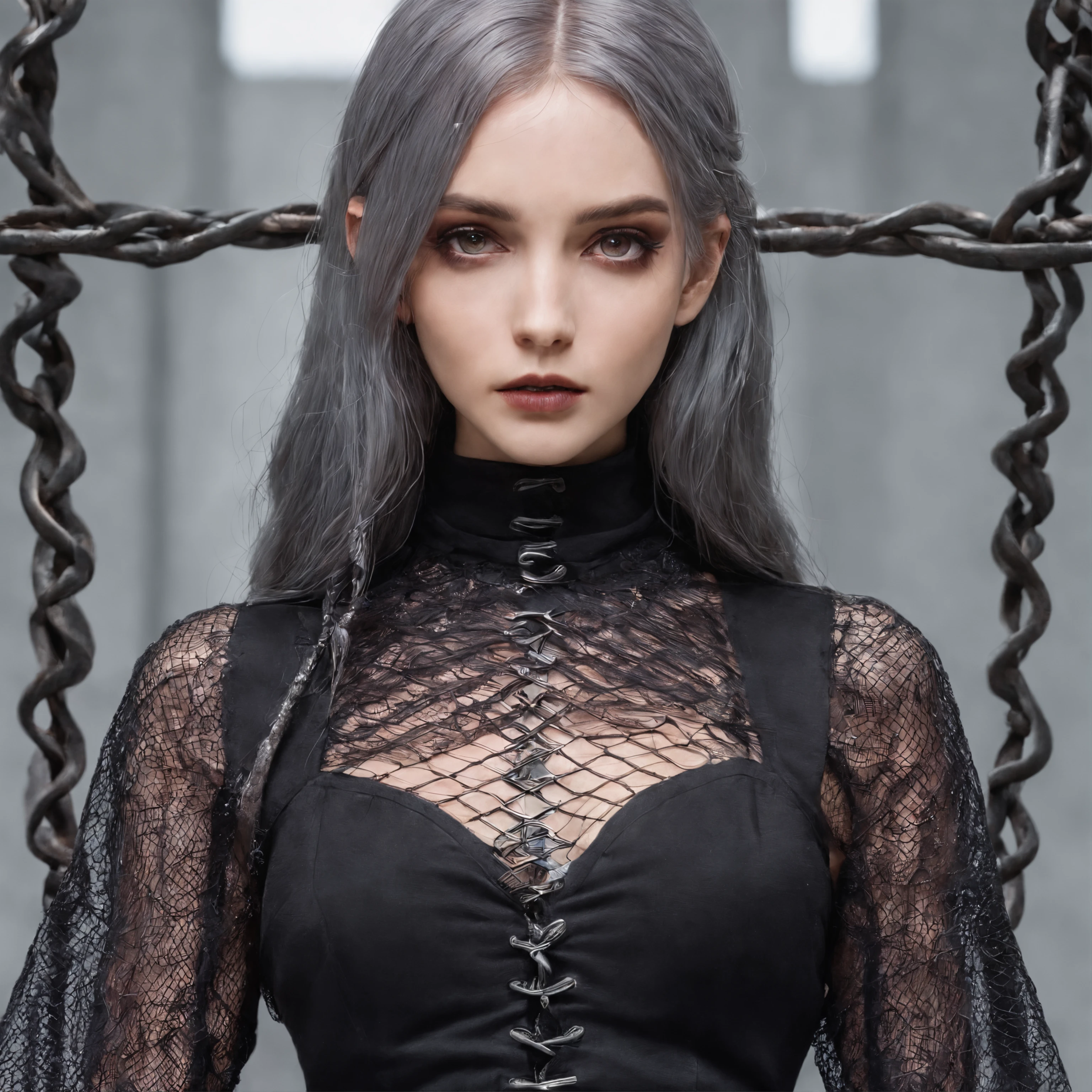 Girl in symbolic clothes of Gothic net, 。.。.。.com (barbed wire for body) brunette color hair,Gray hair ends