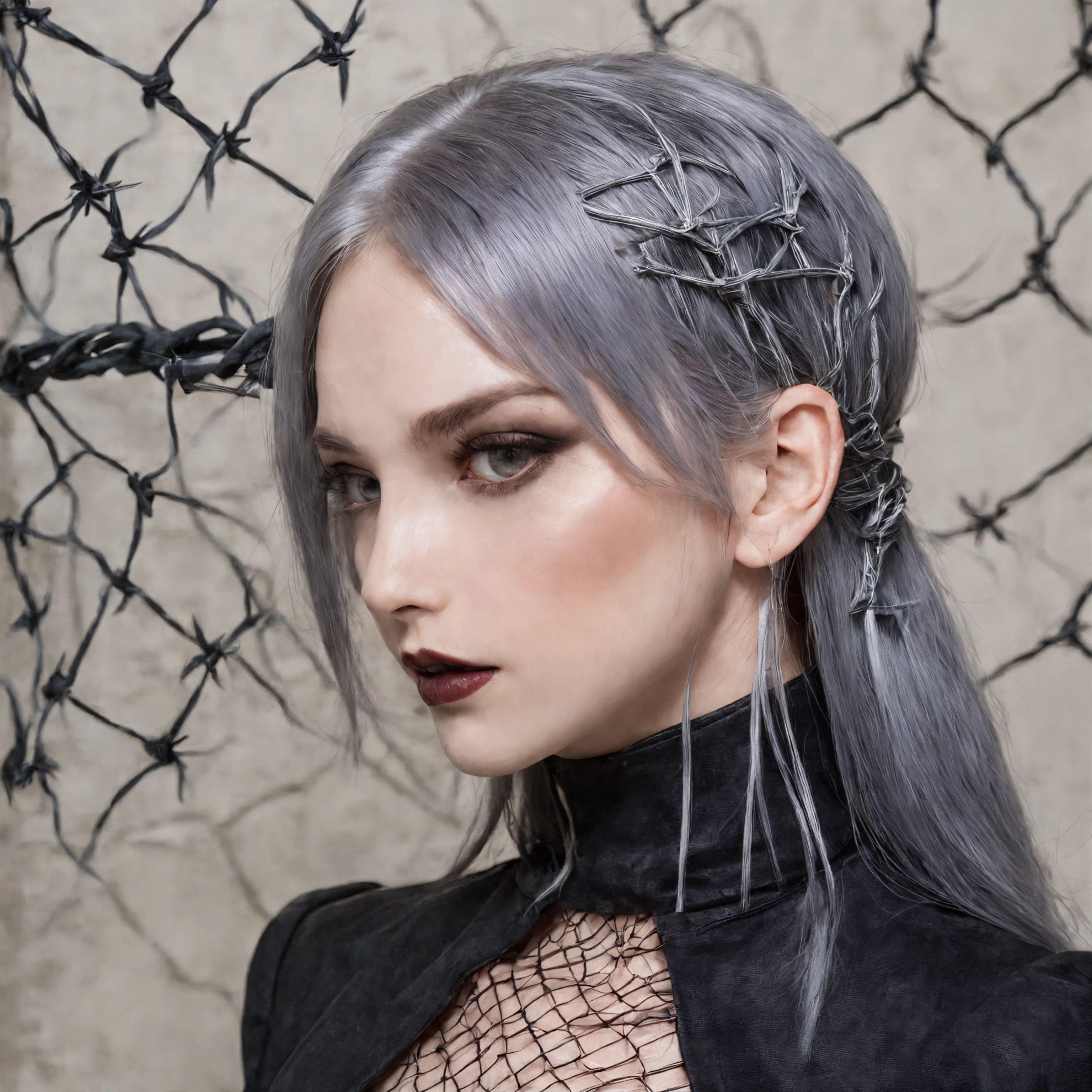 Girl in symbolic clothes of Gothic net, 。.。.。.com (barbed wire for body) brunette color hair，Gray hair ends