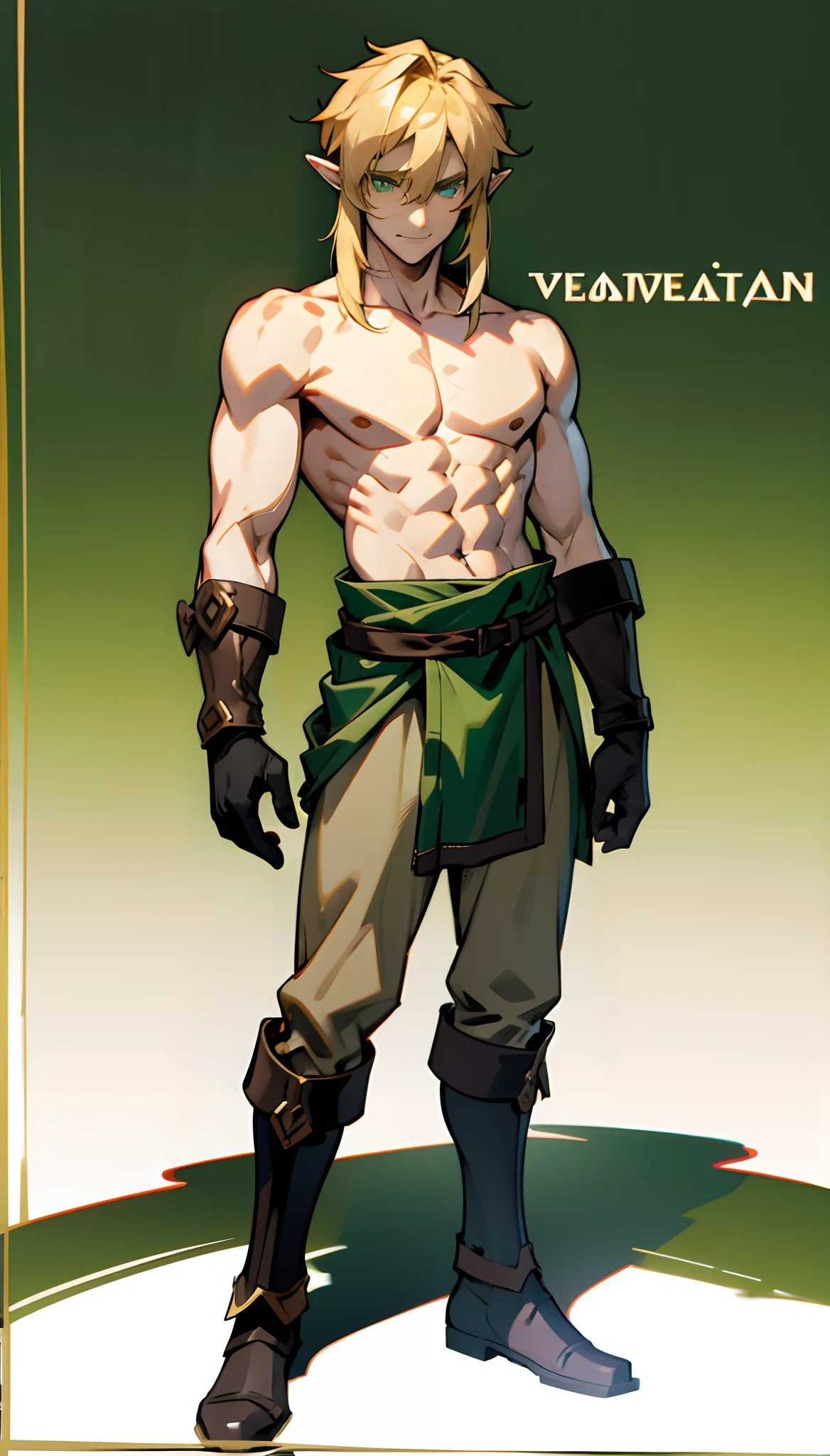 blond, tall, green-eyed guy, viking style, russian hero style, strong,  anime style, anime  , link, ( gloves), standing, topless , (muscular:0.5)(from above:0.1),(sport:0.2), (empty dojo),(smiling:0.4), (dominant),(evil)(confident)(sadistic)(adult:1)(masculine:1)(slender:0.3)(from below:0.3)(powerful)(looking at viewer)