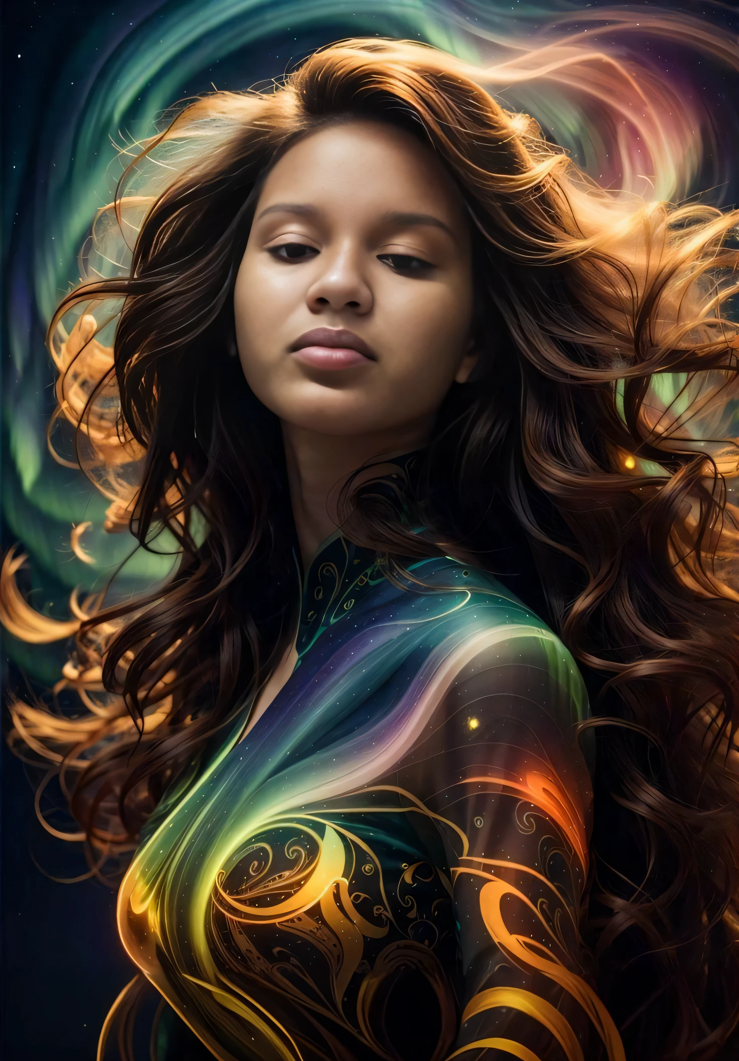 A woman with long hair and a colorful dress is posing, glowing flowing hair, airbrush digital art, flowing glowing hair, airbrush digital oil painting, lindo arte digital, retrato bonito da fantasia, retrato bonito da arte da fantasia, pintura digital brilhante, bela arte digital, bela arte digital, karol bak uhd, lindo pintura digital, arte de fantasia digital colorida