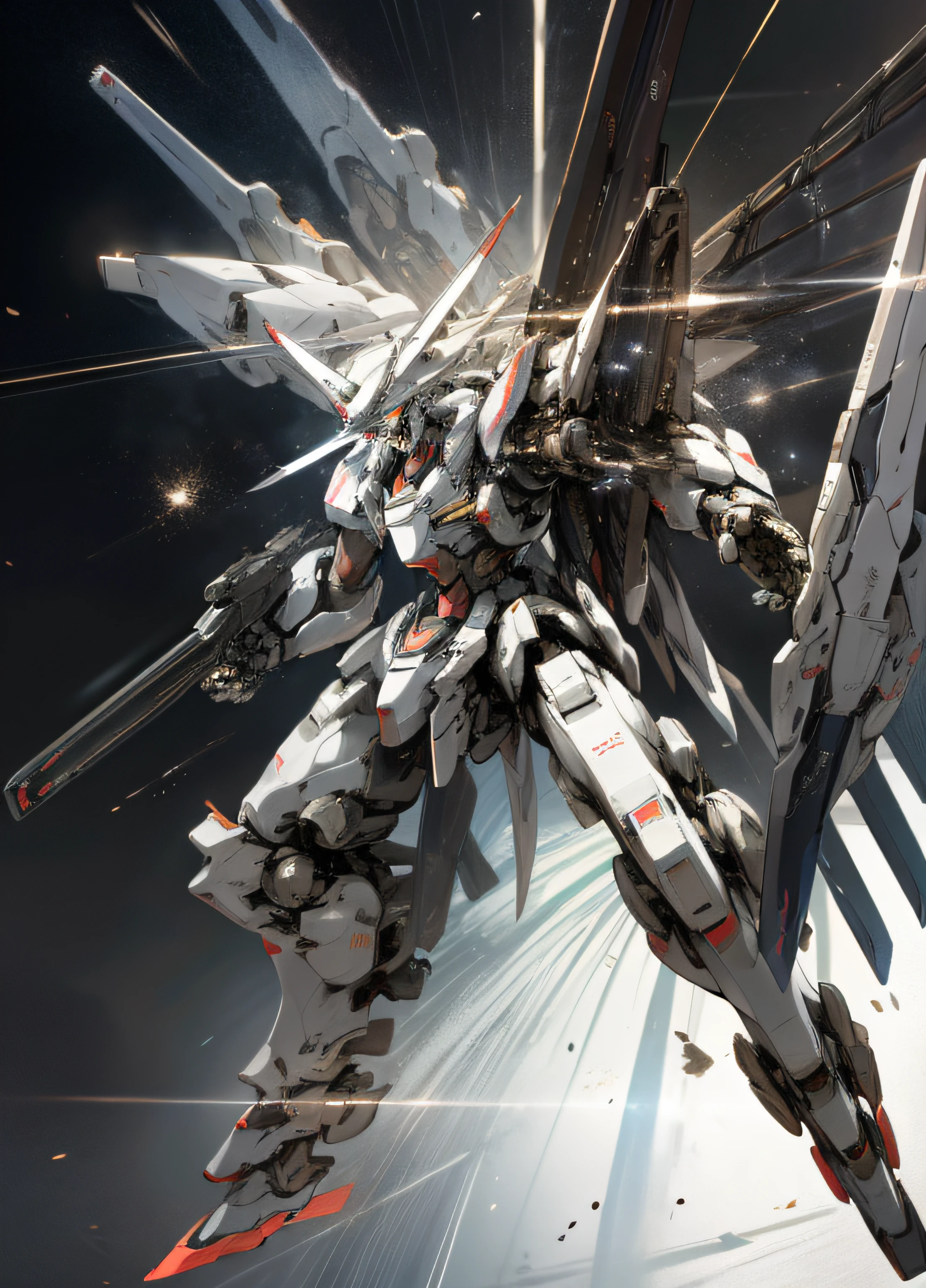 Surrealism, ray tracing, UHD, high details, 8k, best quality, textured skin, Gundam mech, mech ship, masterpiece, best quality, mecha, unmanned, (full body), (white mech: 1.8), (axisymmetry: 1.4), (HDR), (movie light: 1.1), white eyes, cool, science fiction, fire, laser cannon beam, war, conflict, Space looking down on the background of the earth with weapons in hand, (holding huge weapons: 1.5), holding oversized shields, mecha men,