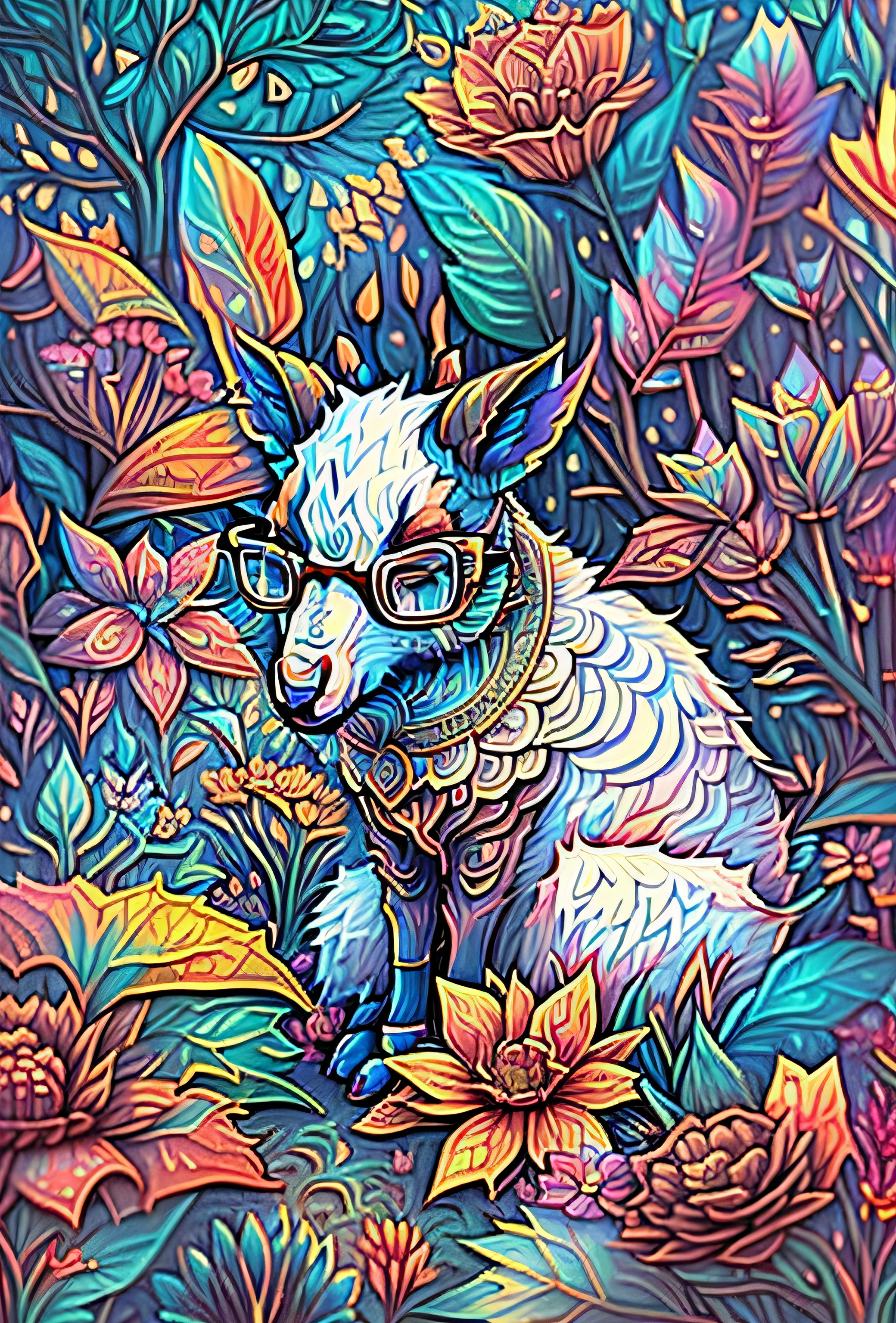 a drawing of a brown goat sitting in a field of flowers, bright fauna, colorfull illustration, cute detailed digital art, cute detailed artwork, highly detailed illustration, vibrant high contrast coloring, in style of digital illustration, highly detailed vector art, highly detailed illustration.”, bright colors highly detailed, wildlife drawing, highly-detailed illustration, wildlife illustration, add blue and red color glasses.