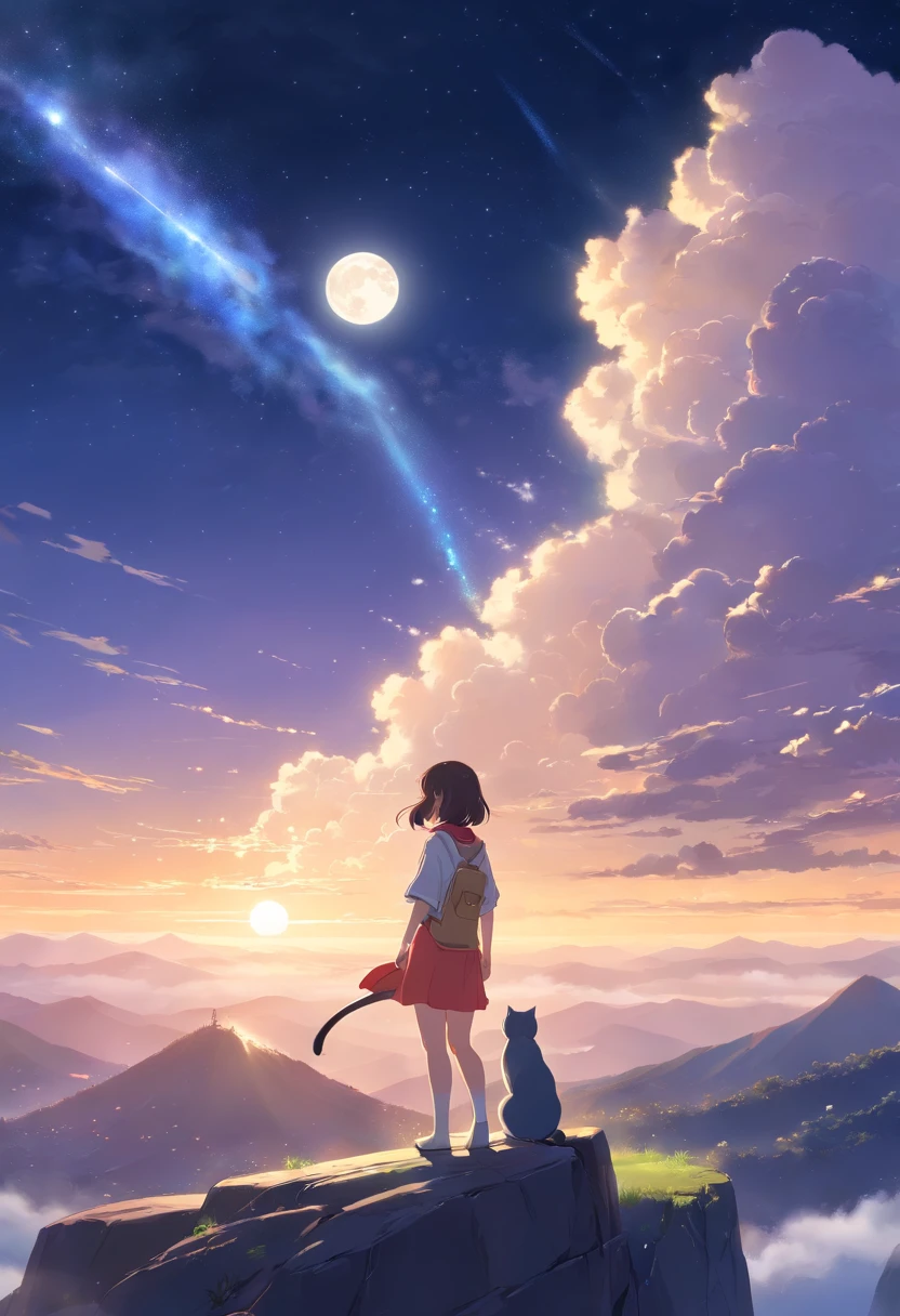 White cat,(Through the clouds),(Top of the mountains),(with an intricate),(super detailing),(hazy,(strong limbs),(Moon Night),(ultraclear),(best qualtiy),Impact force
