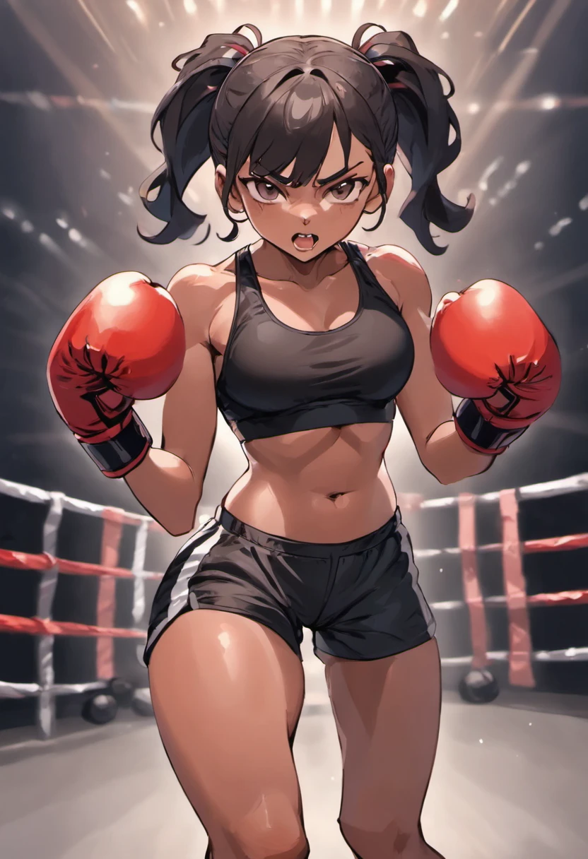 Young female boxer climaxes after receiving a punch during a match in the ring。Close your eyes and open your mouth to breathe。sweat is flowing。Very sweaty。Drool。black hair。shortness of breath。naked。my nipples are erect。Covered with love juice。boxing gloves