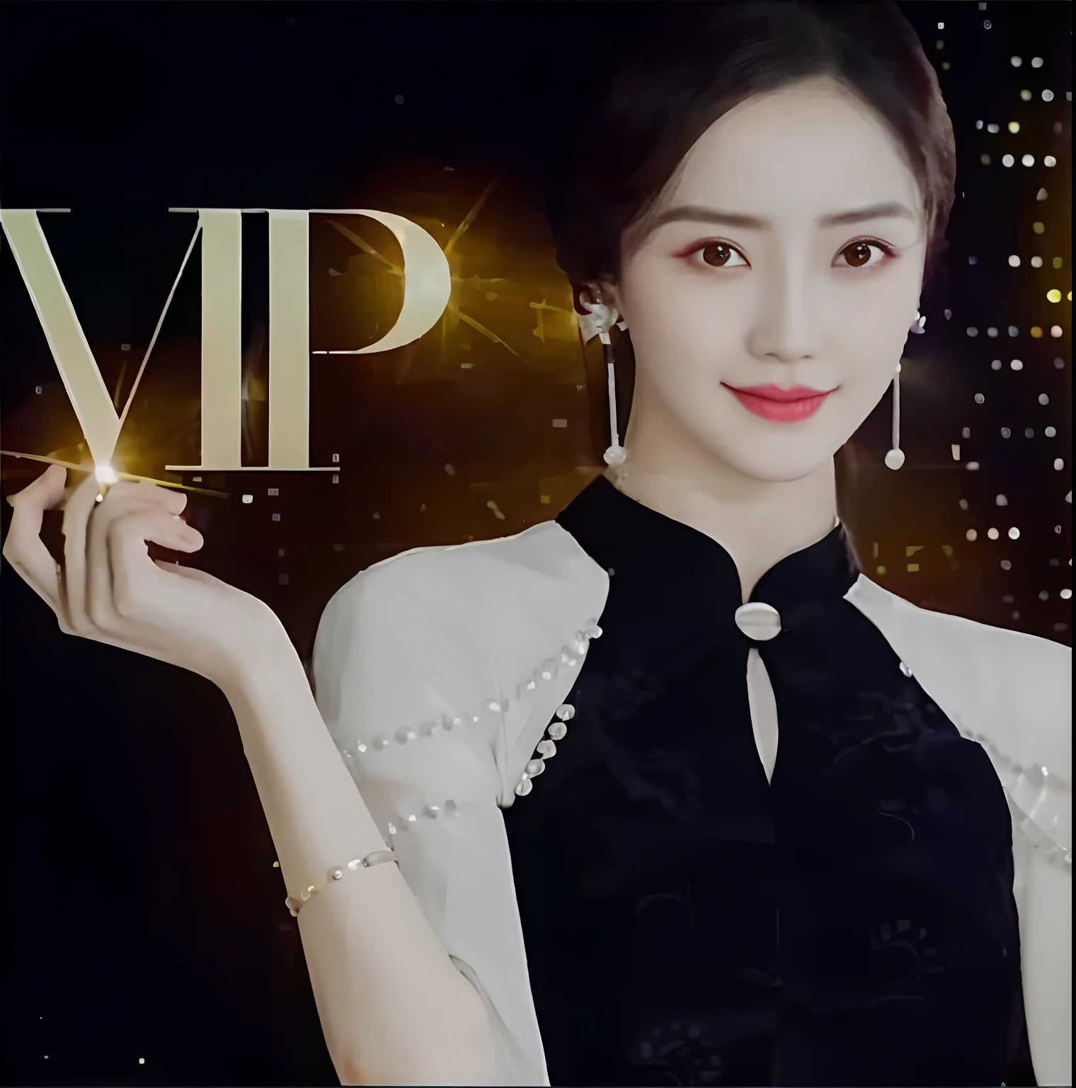 one-girl，eyes with brightness，Black hair，wearing a black dress，Wear a white pearl necklace，frontage，8K-niji 5