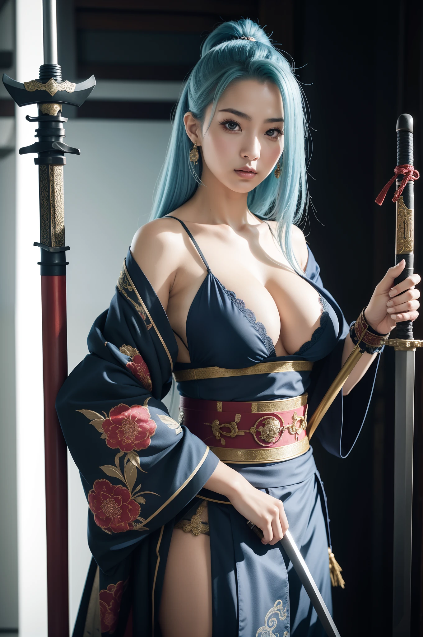 arafed woman in a costume holding a sword and a sword, she is holding a katana sword, very beautiful cyberpunk samurai, female samurai, wearing kimono armor, ornate korean polearm behind her, she is holding a sword, holding a sword on her shoulder, wearing kimono armour, dressed in samurai armour, portrait shot, samurai outfit, ornate cosplay, sexy look, big breast, sexy pose, show breast, light blue hair