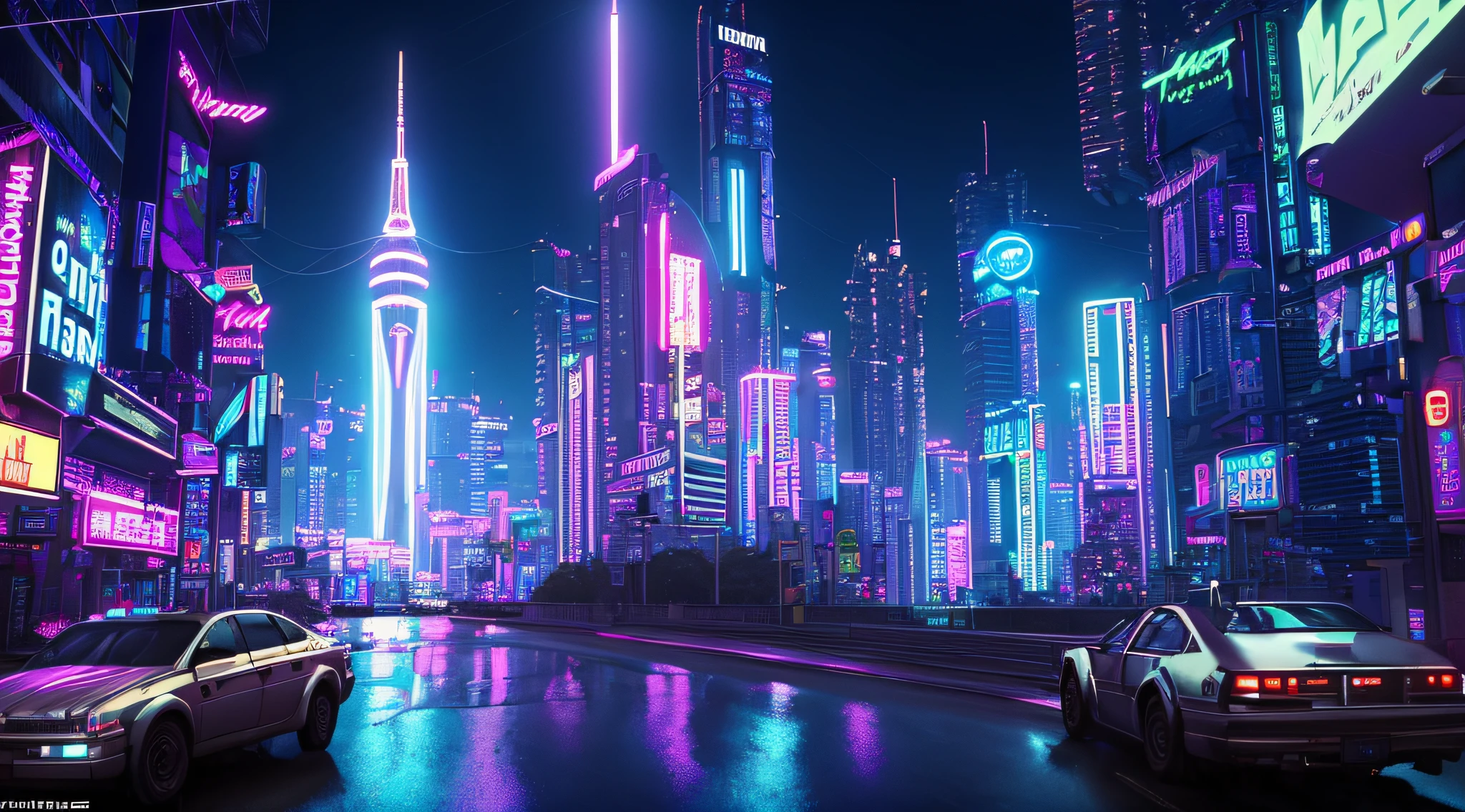 Ciudad oscura cyberpunk, Rascacielos, Neon lights, Publicidad, Noche, hyper-realistic, Foto, Altamente detallado, Ciudad de cristal, lluvioso, realismo, Moody cinematics,  8k, 3.5 mm, Tokio, futuristic, Renderizado de octanaje, Japanese, synthwave, Paisaje urbano, dramatic, wide angle, Science-Fiction, traffic, ultra realista,  Luces brillantes