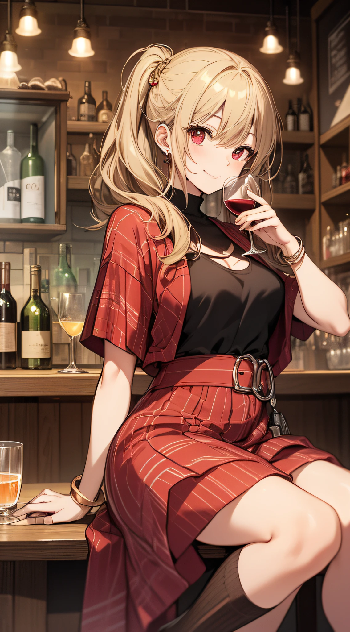 top-quality、Top image quality、masterpiece、girl with((18year old、Black short-sleeved T-shirt、RED dress、Best Bust、Bust 85、a blond、poneyTail、Red eyes、open chest wide、close to viewer、Happiness、A slight smil、Gold Accessories、a little drunk、Holding a glass of wine、sit a chair))hiquality、visualart、Background with((a bar counter))、