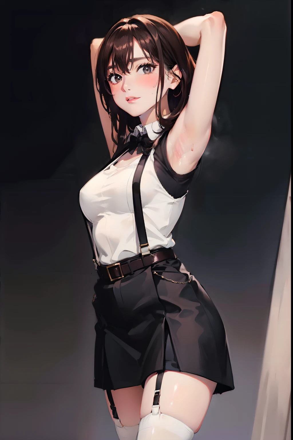 Black skirt, suspenders, Brown hair Gray eyes, Garter belt on the legs, Tight clothes, a belt Armpit sweat Dark look Moderate breasts