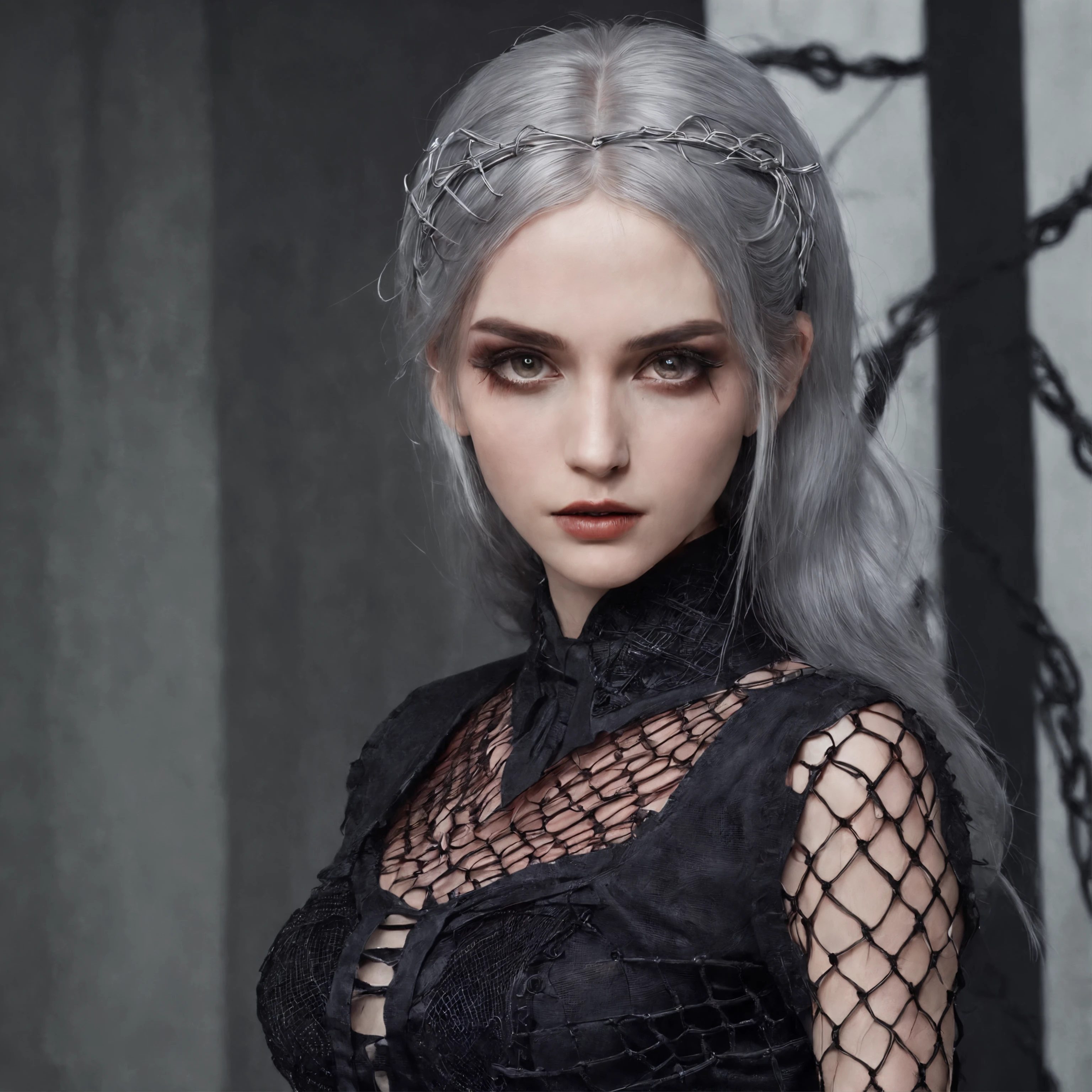 Girl in symbolic clothes of Gothic net, 。.。.。.com (barbed wire for body) brunette color hair，Gray hair ends