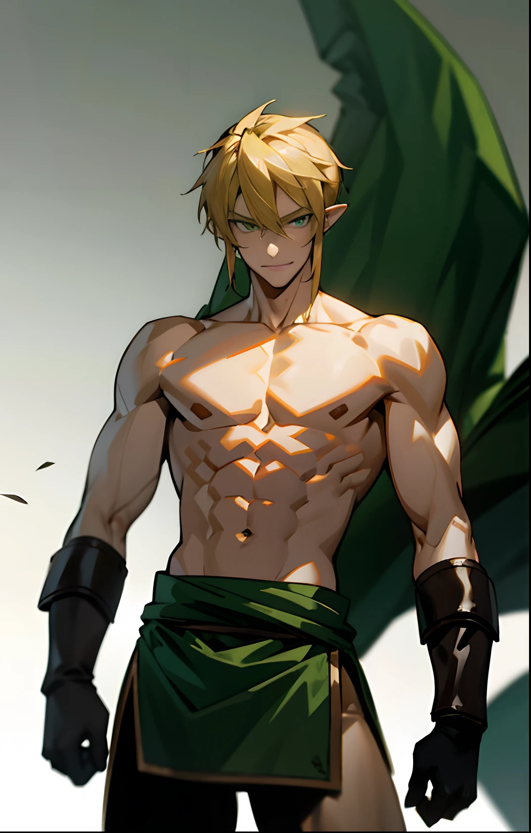 blond, tall, green-eyed guy, viking style, russian hero style, strong,  anime style, anime  , link, ( gloves), standing, topless , (muscular:0.5)(from above:0.1),(sport:0.2), (empty dojo),(smiling:0.4), (dominant),(evil)(confident)(sadistic)(adult:1)(masculine:1)(slender:0.3)(from below:0.3)(powerful)(looking at viewer)