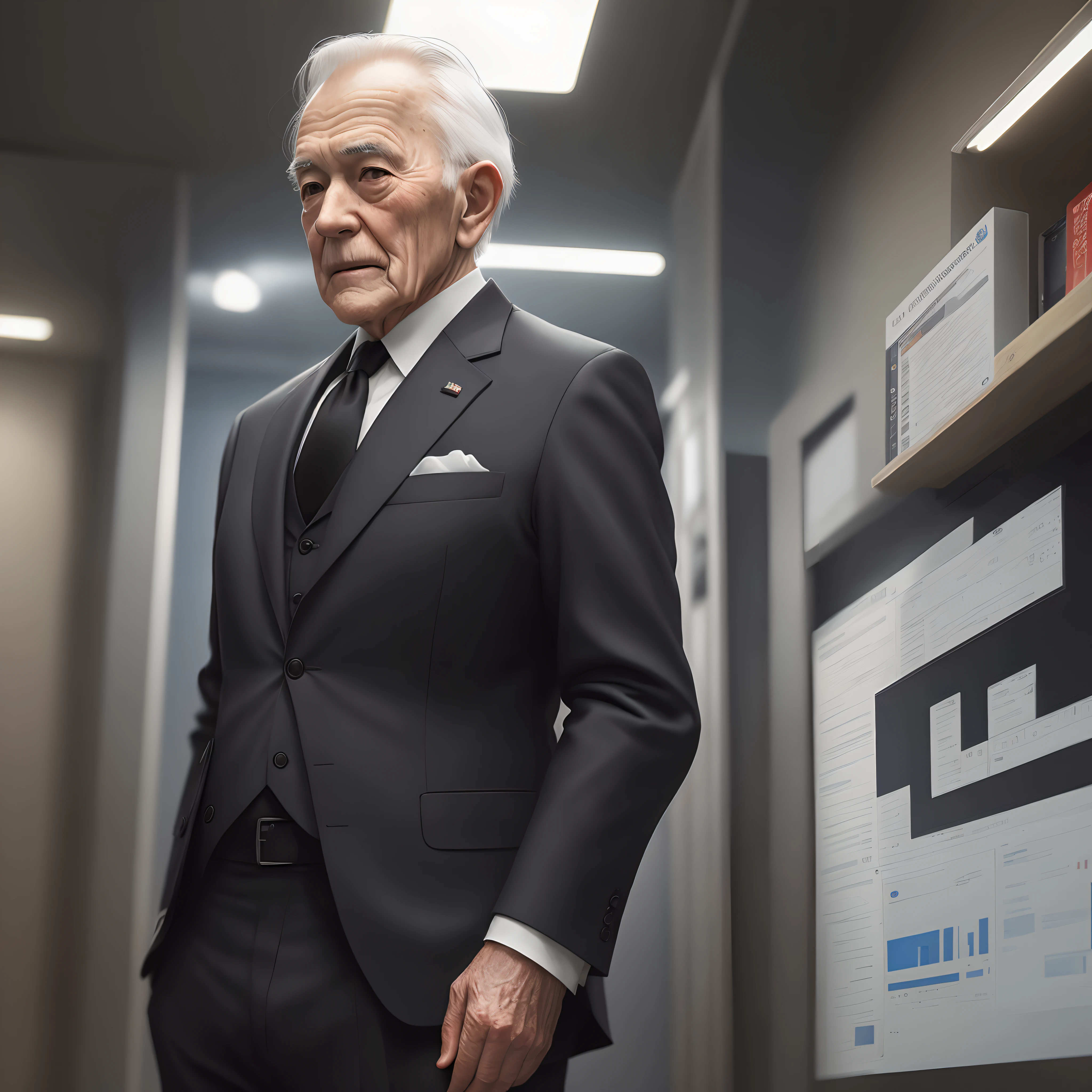 Wise old man black suit rematographic light