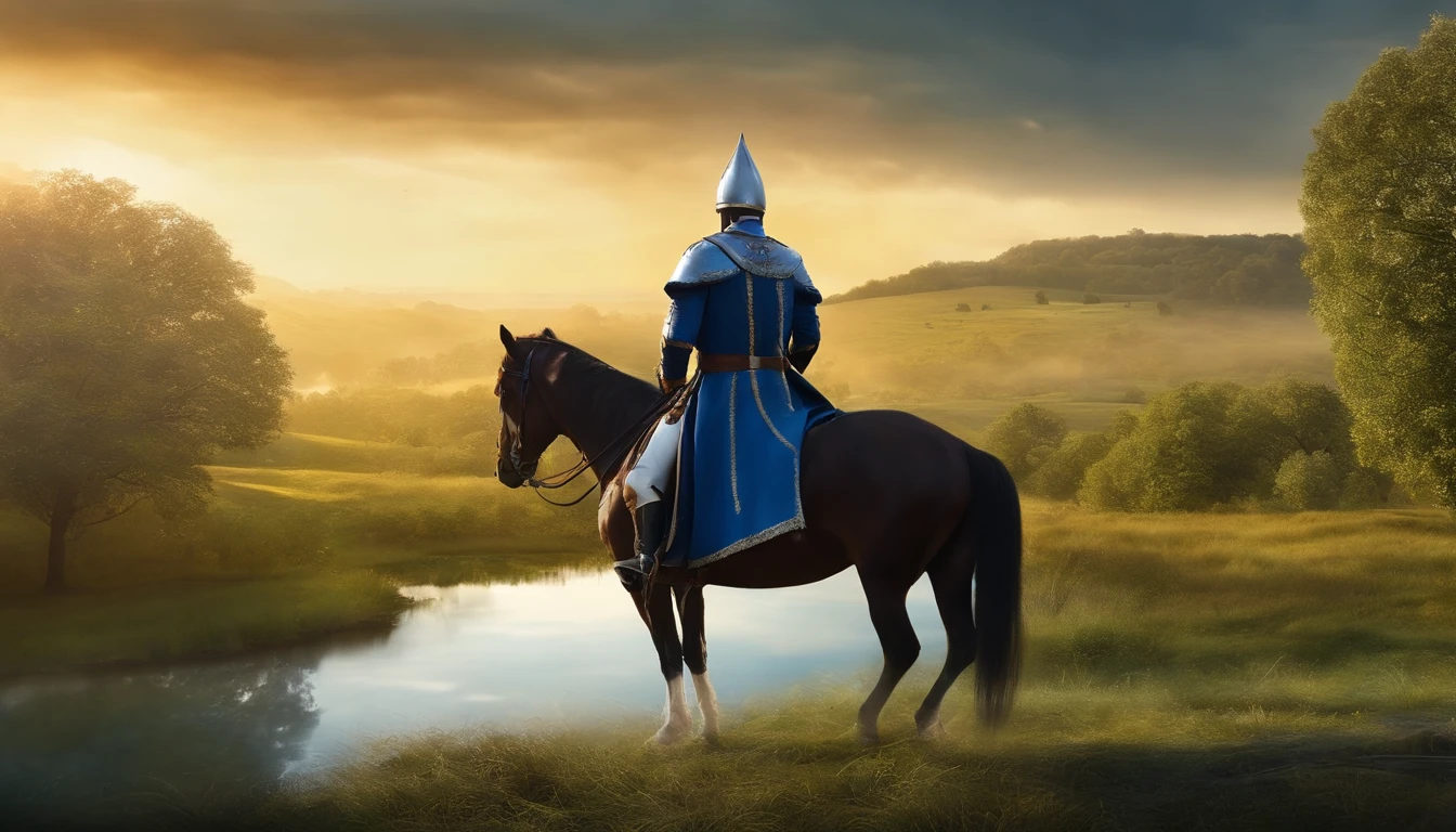 (The back of an army dressed in blue in front：1.3)，In the distance there is a lord on horseback，with blue sky and white clouds，Medieval view,the trees，rios，grassy fields，Fantastical，4K，best qualtiy，primitive，（(Ultra-detailed and high-precision details))