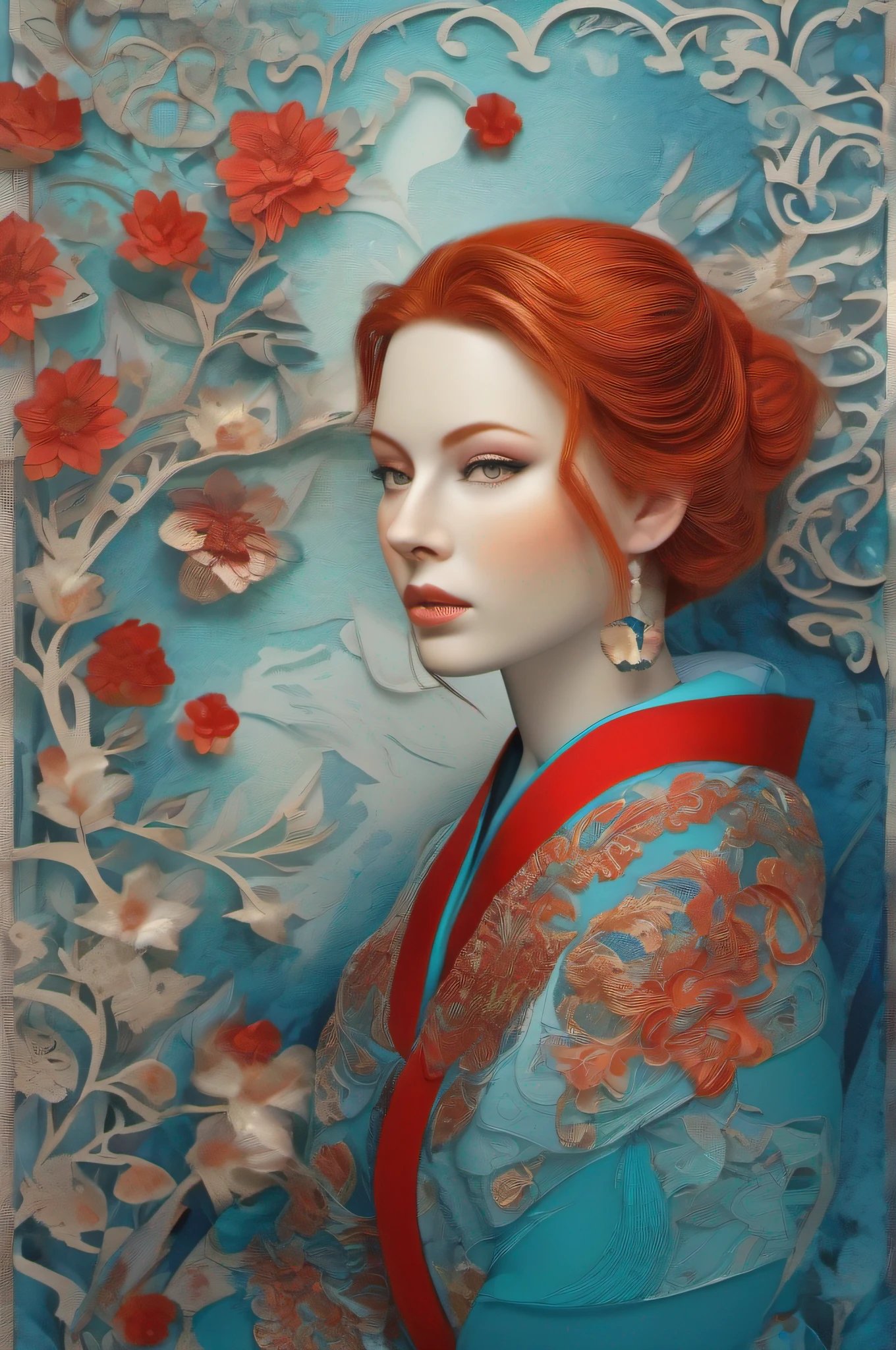 A Beautiful red haired Caucasian woman in a Cyan and indigo kimono, beautiful render of a fairytale, in the style of paper art, painting of beautiful, beautiful as the moon, very intricate masterpiece, painted metal, beautiful intricate masterpiece, multiple layers, Mysterious
