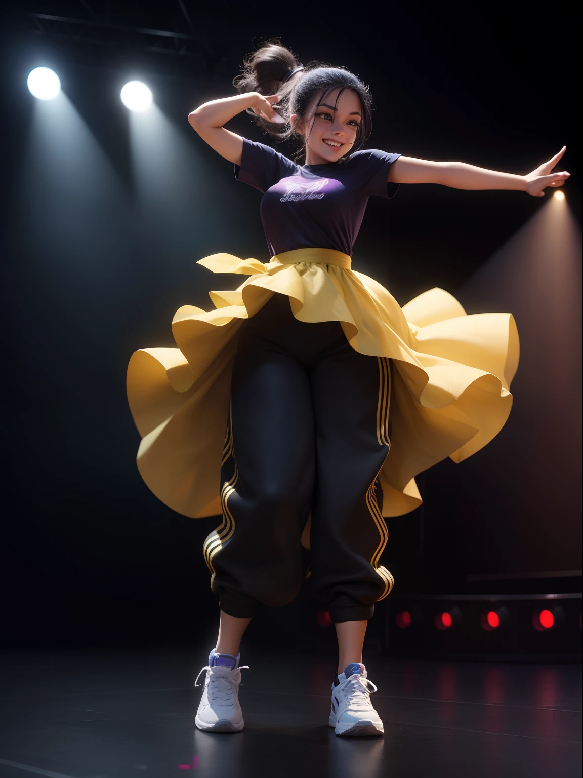 Woman dancing crouching , ((Full body)), Blue eyes, Smiling face, Hair loss swaying in the wind,, dancing street dance on the stage, Dressed in hip-hop style, Wearing hip-hop shirt and loose pants. Black purple and yellow. Extremely high quality, high details, 8K, clean back ground, in studio, ((Full body shot)),Fingers are realistic,Accurate Hand Modeling, high angle, looking to the camera