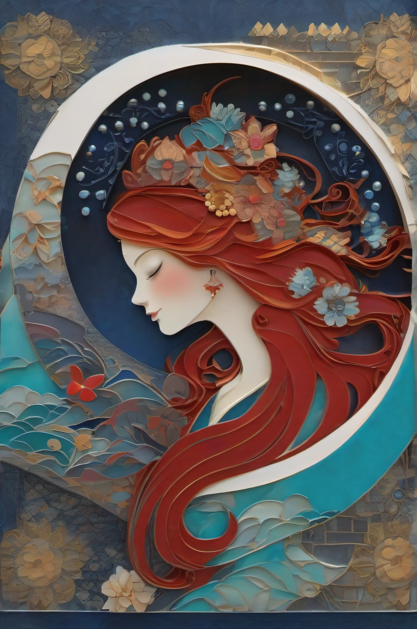 A Beautiful red haired Caucasian woman in a Cyan and indigo kimono, beautiful render of a fairytale, in the style of paper art, painting of beautiful, beautiful as the moon, very intricate masterpiece, painted metal, beautiful intricate masterpiece, multiple layers, Mysterious