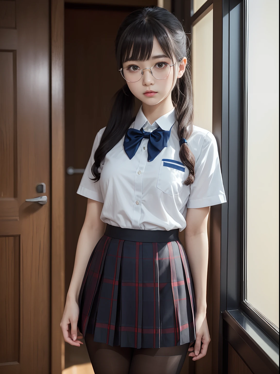 Raw photo, frank,1 girl, solo, narrow eyes, full body, black pantyhose, textured skin, ,blue tie, short twin tails, bangs about eyebrows,(medium hair:1.2), pale skin, Japan person, glasses, small, young, tall, dark look, bright black eyes, anger, school uniform, pleated skirt grey/silver navy blue checked skirt, slender body, medium build, Small waist, wide thighs, photorealistic, best quality, 8K, masterpiece