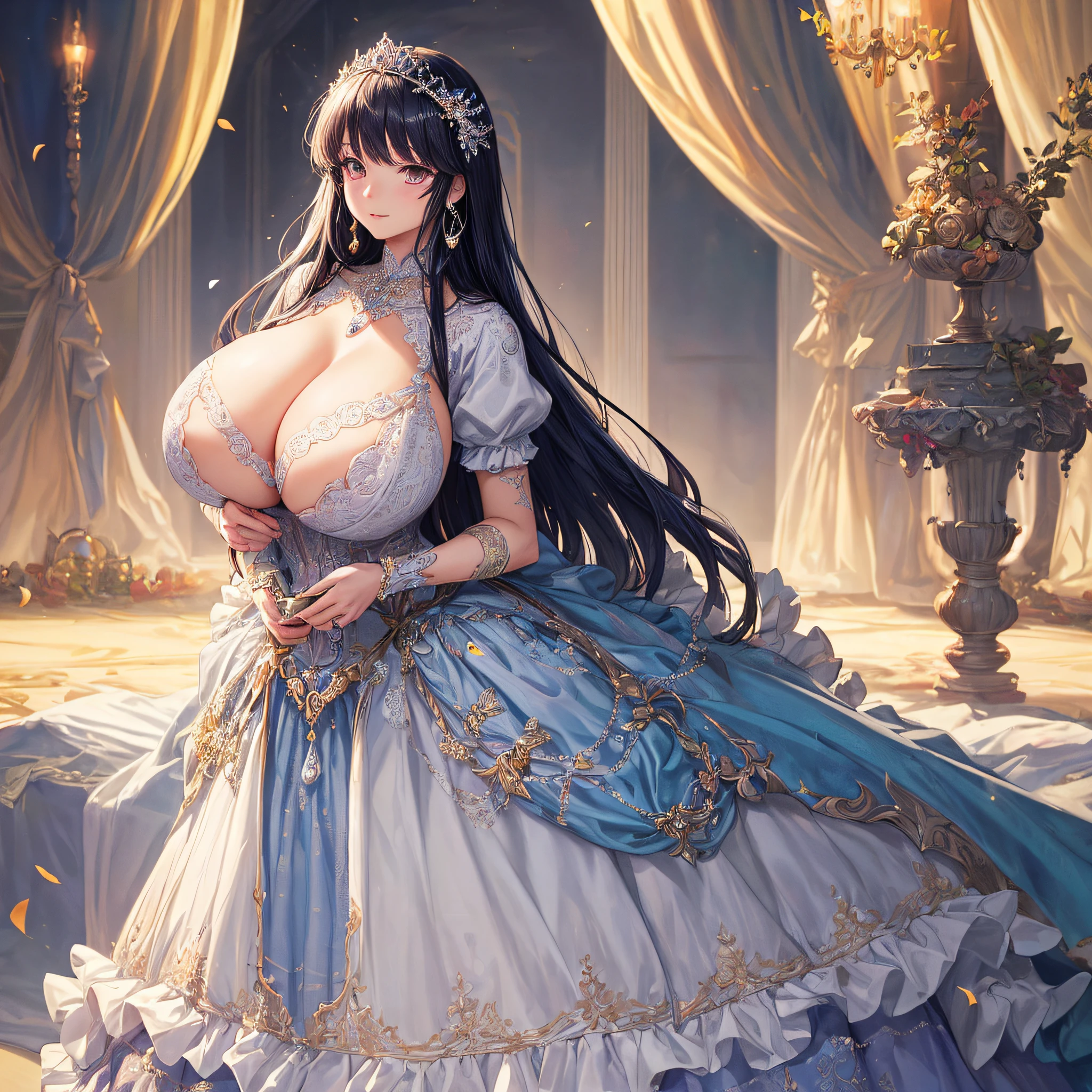 (masterpiece, best quality,extremely detailed:1.1),(moe anime art style:1.2),1girl,full body, ((solo)), cute, kawaii,digital art,((1 bling-bling anime princess wearing beautiful embroidery and jeweled ruffled gorgeous princess ballgown with voluminous full length hoop skirt)),((crinoline)),long train,voluminous frills,(gorgeous embroidery and beautiful lace),(((very gigantic boobs))),cleavage,skindentation,((shiny hair,very long straight hair)),((finely detailed face and eyes)),clear pupil,extremely gorgeousfull hair ornament,(bling-bling jeweled extremely gorgeousfull tiara),(bling-bling gorgeous gemstone jewelry),long veil,((beautiful background,fantasy)),flowers,flower petals flowing,full body,looking away,((beautiful embroidery and jeweled ruffled gorgeous princess ballgown with voluminous full length hoop skirt))