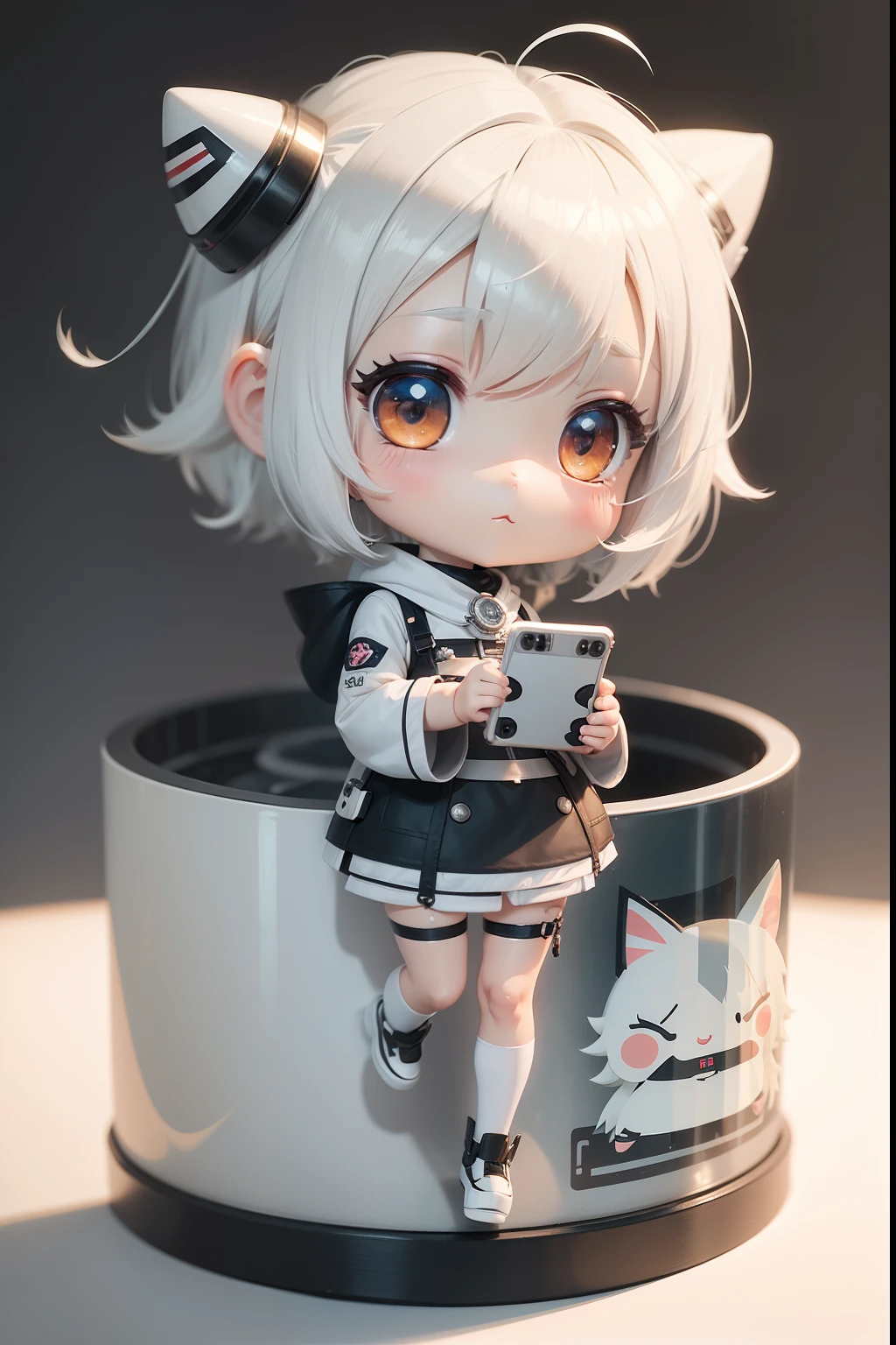 White-haired cartoon girl holding cell phone, digital art by Kanbun Master, Pisif, mingei, tchibi, telegraph stickers, Kantai collection style, resin, Silver hair girl, Loli, 2 d anime style, chibi girl, advanced digital chibi art, [[[[grinning evily]]]], mikudayo, chibiStyle