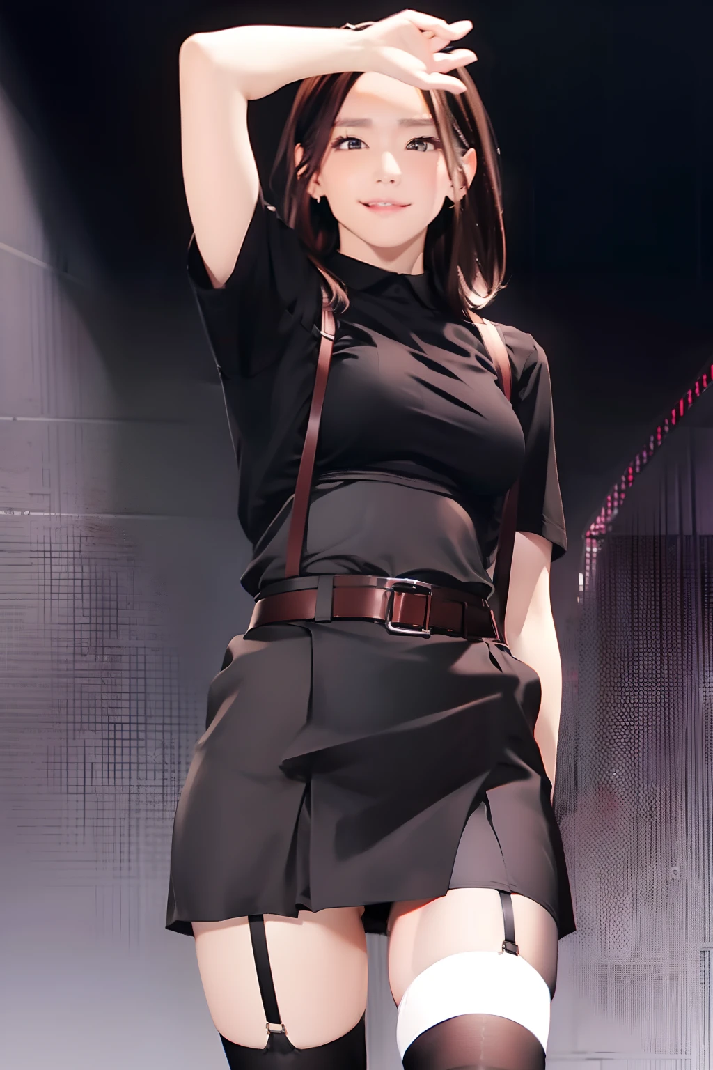 Black skirt, suspenders, Brown hair Gray eyes, Garter belt on the legs, Tight clothes, a belt Armpit sweat Dark look Moderate breasts