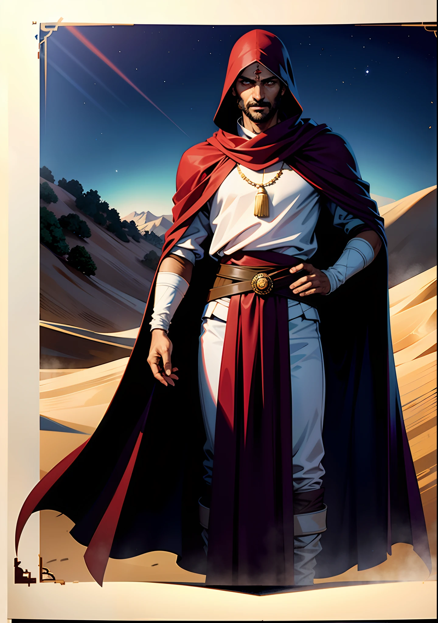 (Best quality, Masterpiece), A cinematic poster for a historical film, cinematic, se faner, Couple arabe, highlight their Berber heritage, homme portant de la Djellaba bleue, white hoodie, femme portant un foulard rouge, tatouage sur son visage, Standing in the fascinating expanse of desert, Ciel nocturne, night scene, Couverture du film, Affiche du film, Cinematic fade, brouillard, Ciel nocturne, Regardez le spectateur,