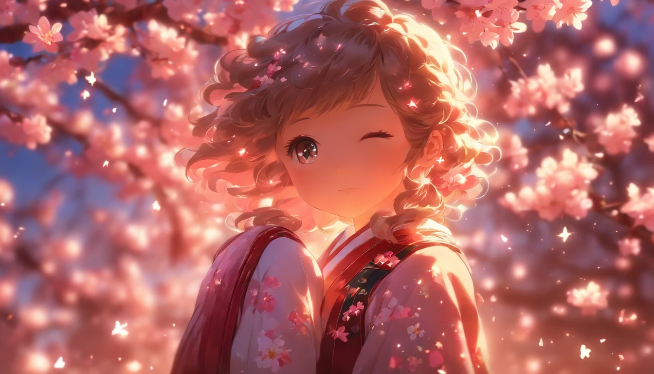 girl standing under a cherry blossom tree,Lateral face,full bodyesbian,Small leather boots,Stars shine,OC renderer