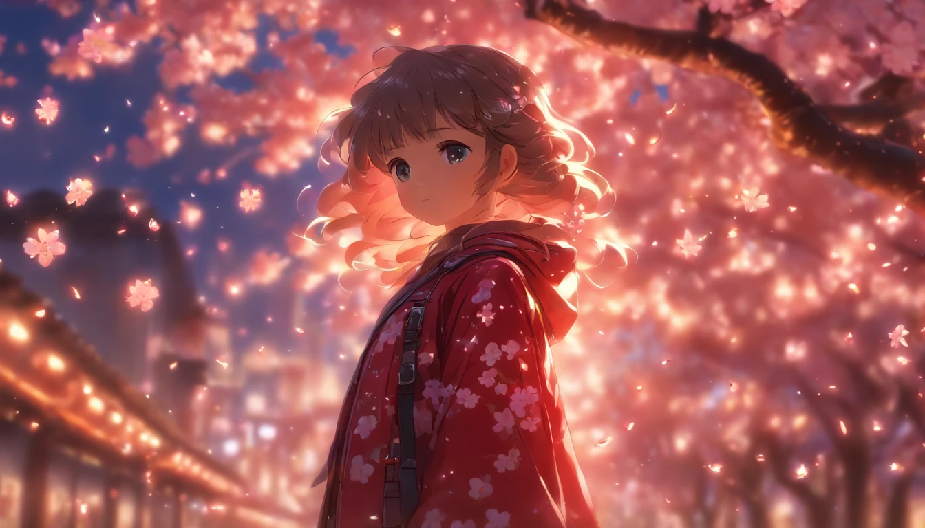 girl standing under a cherry blossom tree,Lateral face,full bodyesbian,Small leather boots,Stars shine,OC renderer