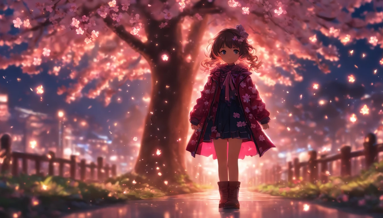 Little girl standing under a cherry blossom tree,Lateral face,full bodyesbian,Small leather boots,Stars shine,OC renderer