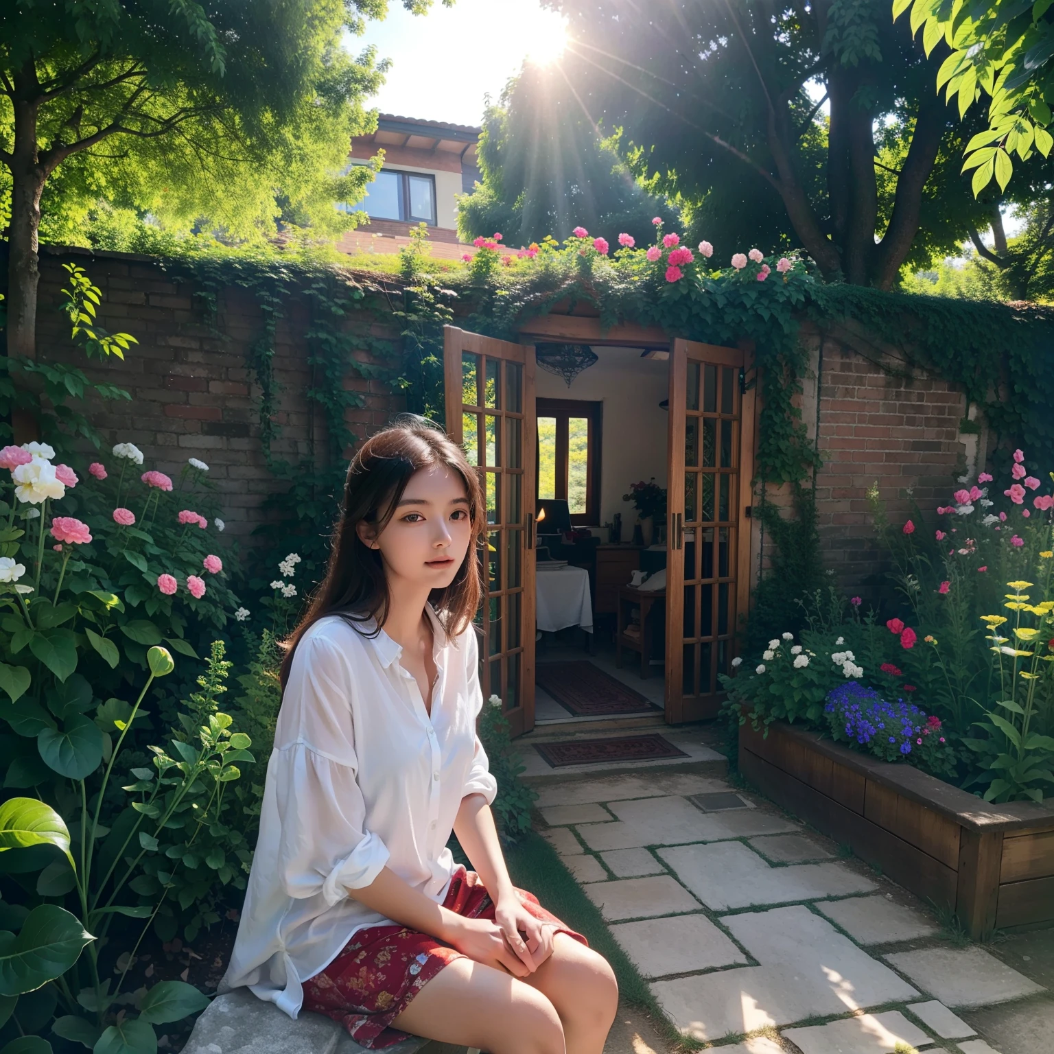 woman, 20yr old, In the garden, and the sun was shining brightly, exteriors, the detail, 4K, k hd, high high quality.