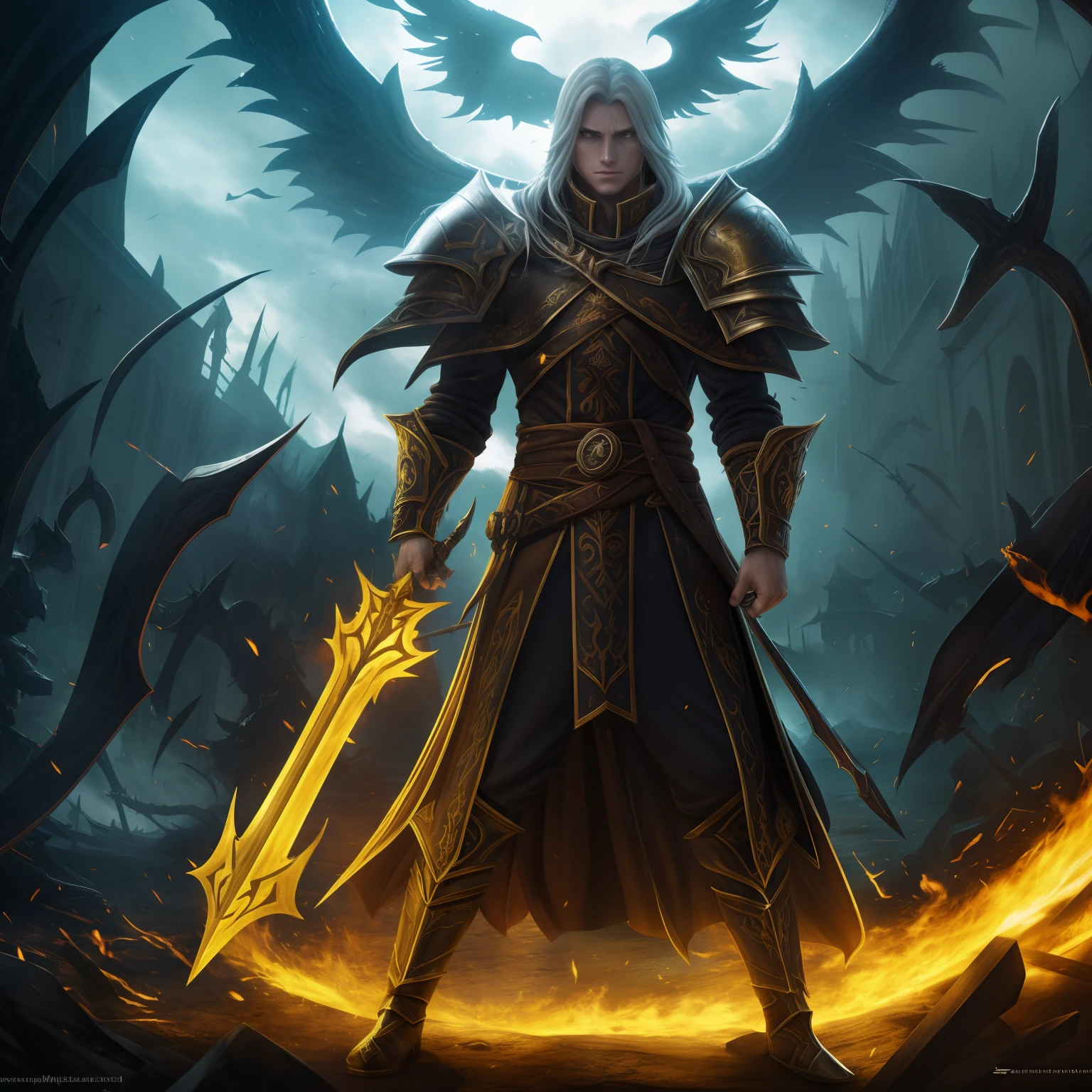 Zauberin. Weiblich. Levitieren. Offene Spellbook in der linken hand. White cloth armor. Heroisch. Schulterpolster. Mmo. Mmorpg. Game. World of warcraft. Gelb leuchtende Augen. Weisse Haare die im Sturm wehen. Episch. Rechte Hand erhoben. Zauber casten. full entire body. Dunkle umgebung. Schkachtfeld. Corpses everywhere. Feuer und Chaos. Wallpaper full hd. 4k wqhd.
