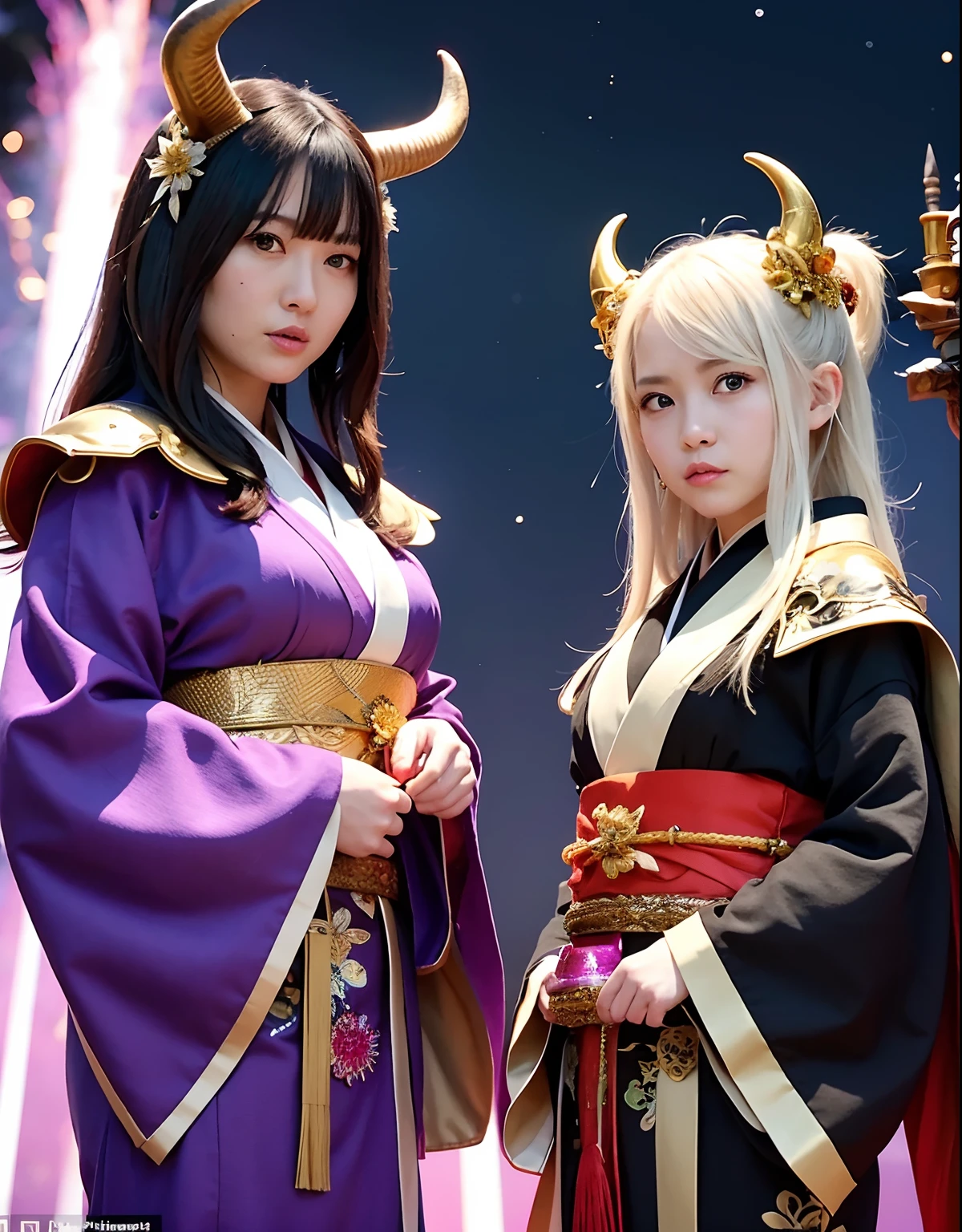 ((World of Darkness)),Professional , masterpiece、top-quality、photos realistic , depth of fields 、Dark Fantasy、()、(shooting stars:0.9)、(nebulas:1.3)、A dark-haired、(White bikini armor)、(Mystical expression)、(The fox has five tails)((Fight dragons)),(Wear a beautiful kimono),(Wear a beautiful kimono with colorful floral patterns)、Jewel Gold Weapon、Particles of light),(Has a devil's mask)、Gorgeous gold weapons ,(( Gorgeous Dragon Sword)) , (Fox Mask),,(maikurobikini) 、((Black Haired Beautiful Girl))、(Castle background)、(demonic wings)、((Gangle's forest background))、Beautiful Caucasian beauty、1a person、dynamic ungle,(((Two devil's horns on the head)))、Smaller head、Idle Smile、Thin and beautiful female hands、Mystical expression、Light Effects、intense fighting、Wind-effect、magic circles、With the legendary magic wand、Dragon's tail、