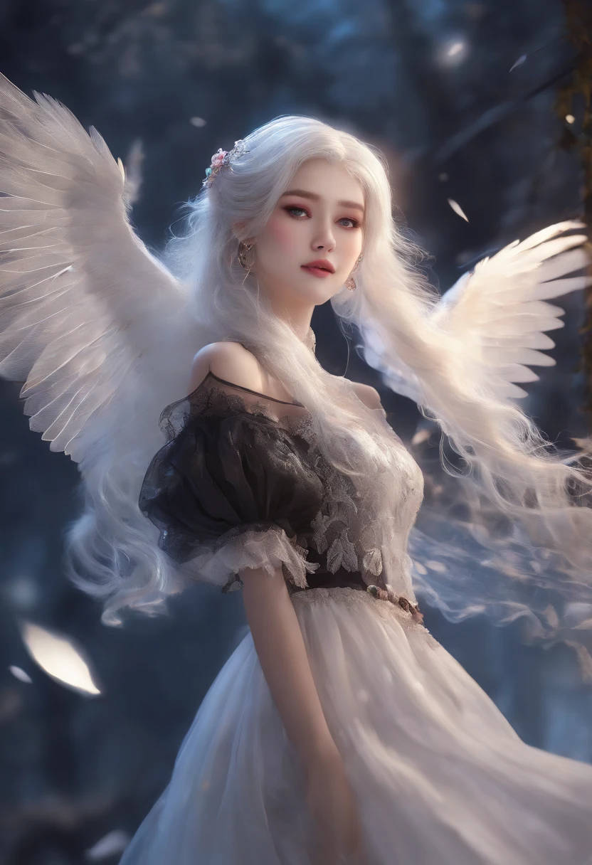 (1girl),gothic,twintails,white hair, organza lace,Gorgeous and fussy clothes,gothic, flying, blue, (colorful), bold strokes, gradient blends, motion blur, shimmering textures, dynamic composition, atmospheric perspective, impressionistic, , (masterpiece), (best quality), Amazing, (beautiful detailed eyes), (finely detail), Depth of field, extremely detailed CG, original, extremely detailed wallpaper, (vivid colors), cinematic lighting,  (colorful), blush,