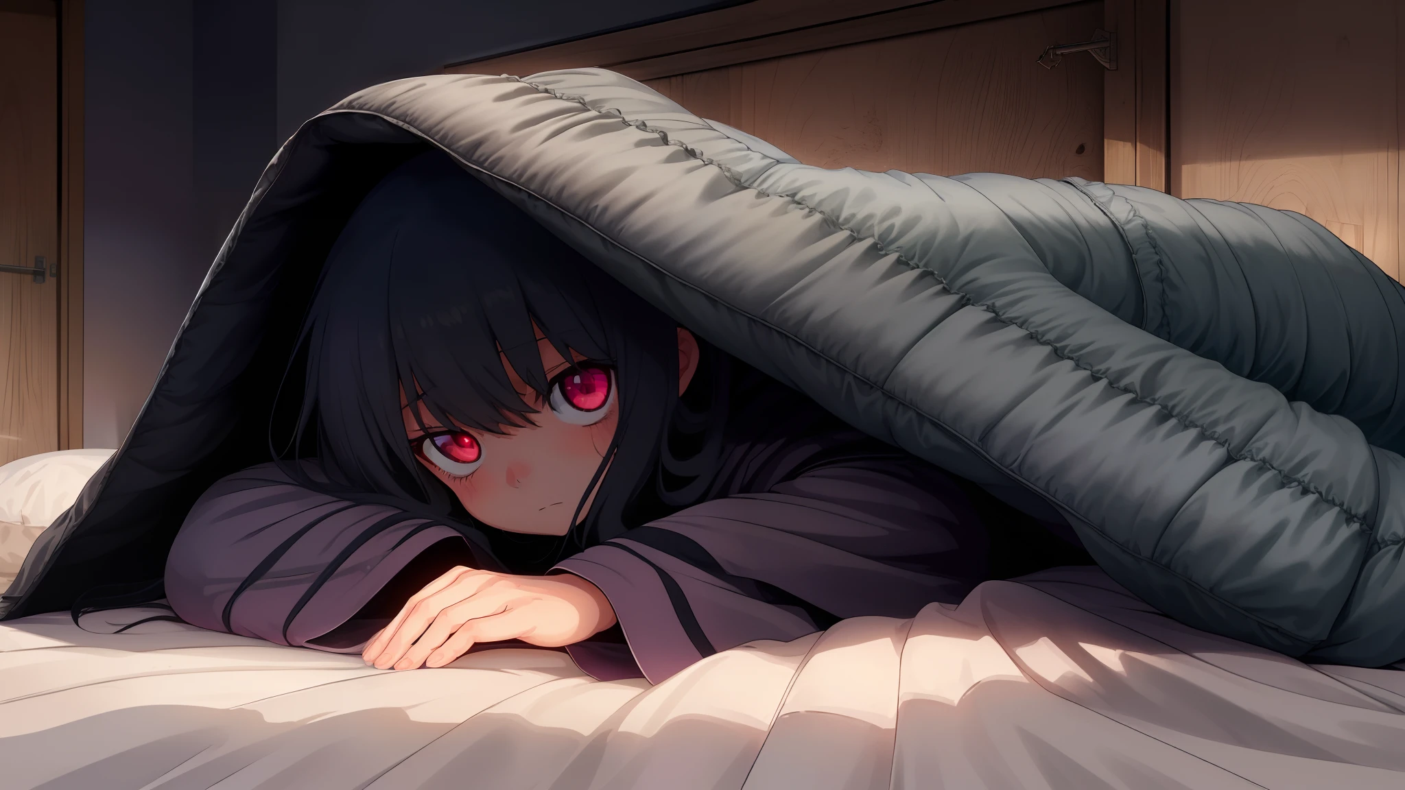 A girl lies in bed and hides under the blanket. She looks anxiously out from under the blanket because she heard a noise. Es ist dunkel und der Raum wird nur von einer Kerze erleuchtet. Painting 1800 Dressing gown dark room wooden floor eyes:1.5 Fear in her Eyes dark Entity Shadowpeople rustikales Holzbett