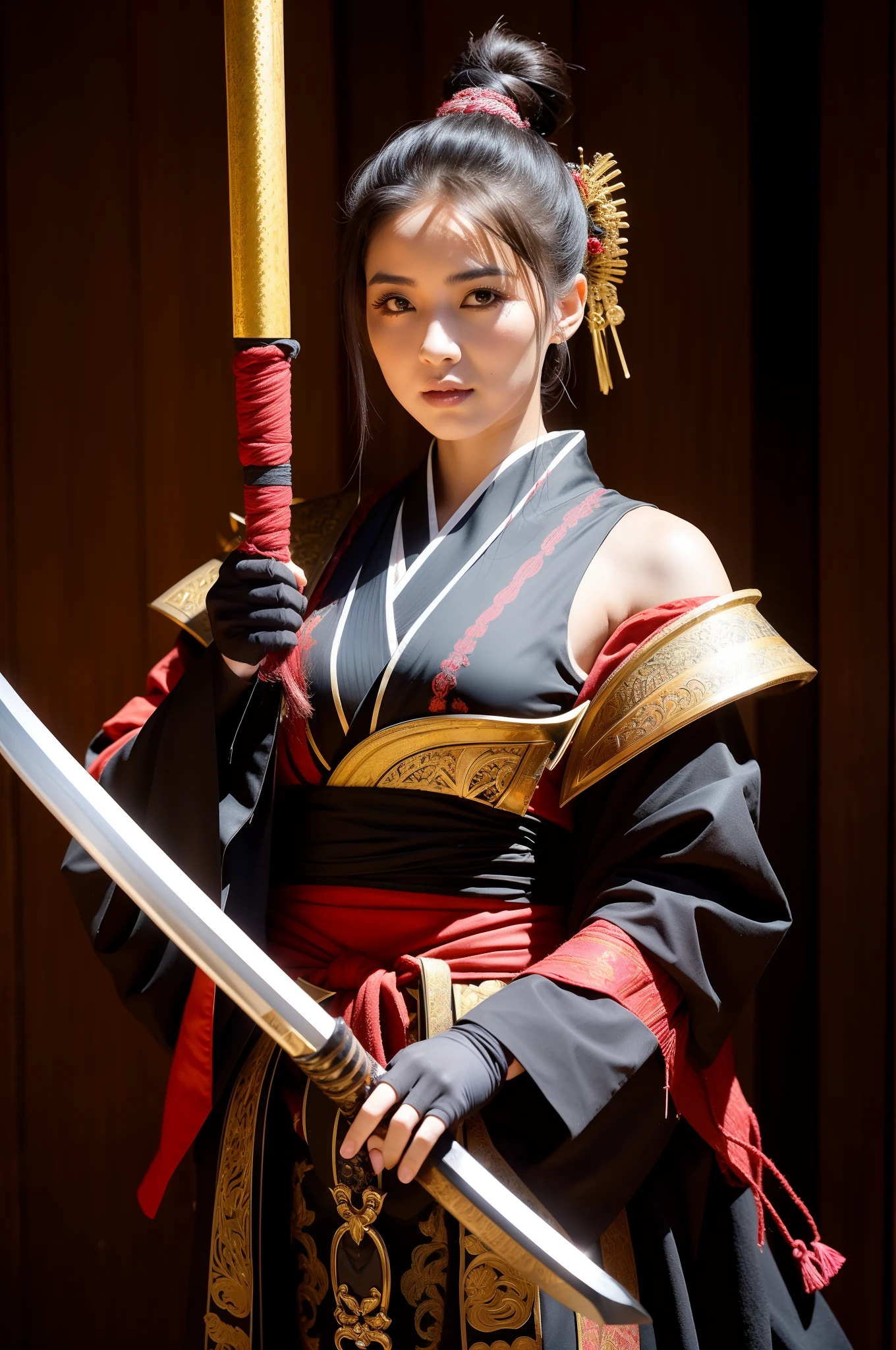 arafed woman in a costume holding a sword and a sword, she is holding a katana sword, very beautiful cyberpunk samurai, female samurai, wearing kimono armor, ornate korean polearm behind her, she is holding a sword, holding a sword on her shoulder, wearing kimono armour, dressed in samurai armour, portrait shot, samurai outfit, ornate cosplay, sexy look, big breast, sexy pose, show breast, rainbow hair