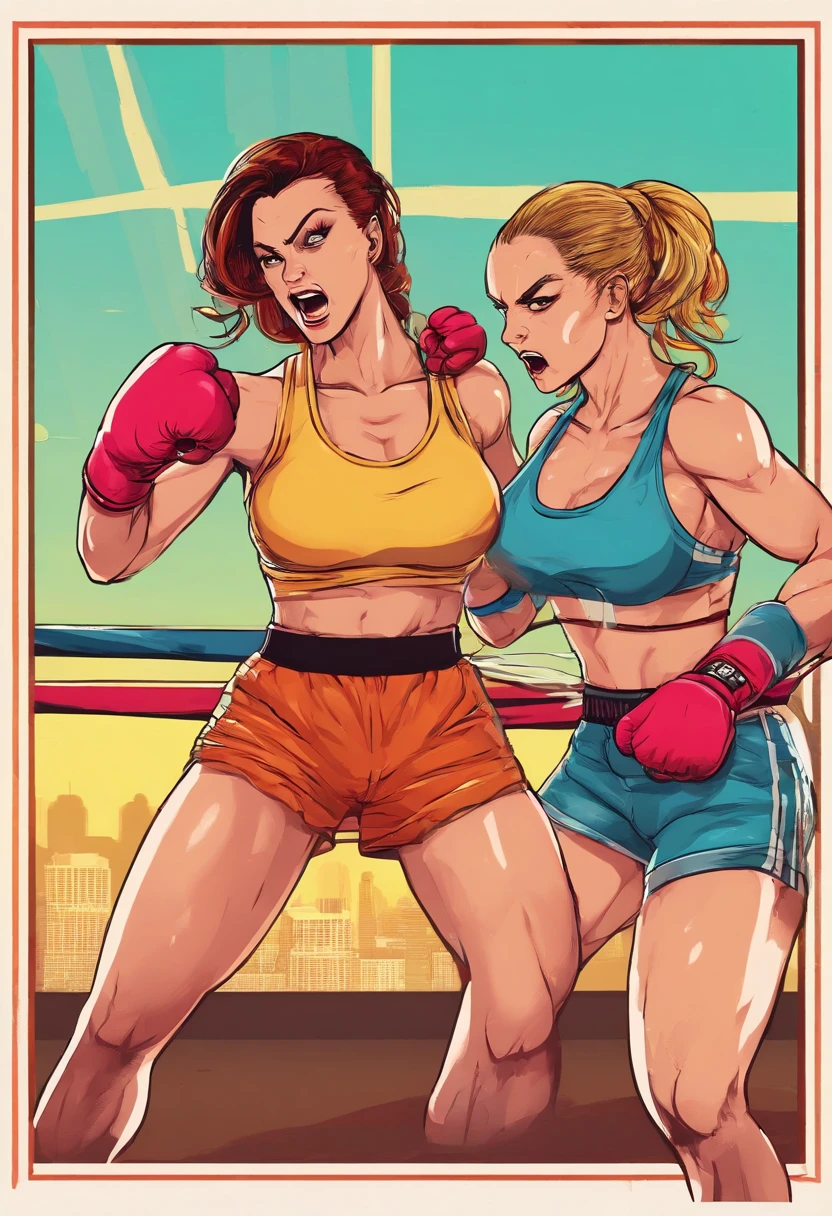 Mature female boxer、Two Women、sport bra and shorts、Boxing gloves、Boxing matches、waist line、Boxing ring on background、No audience、Do not put people in the background、Punching each other face to face