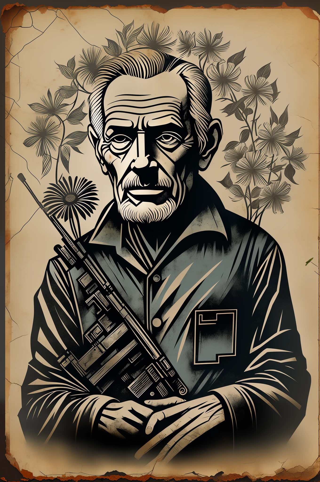 road sign of corroded metal iconography 'Note: I'm meditating' of an old man with a shotgun and a retro graphic flower from the 1950s, poster, tipografia, words in Portuguese