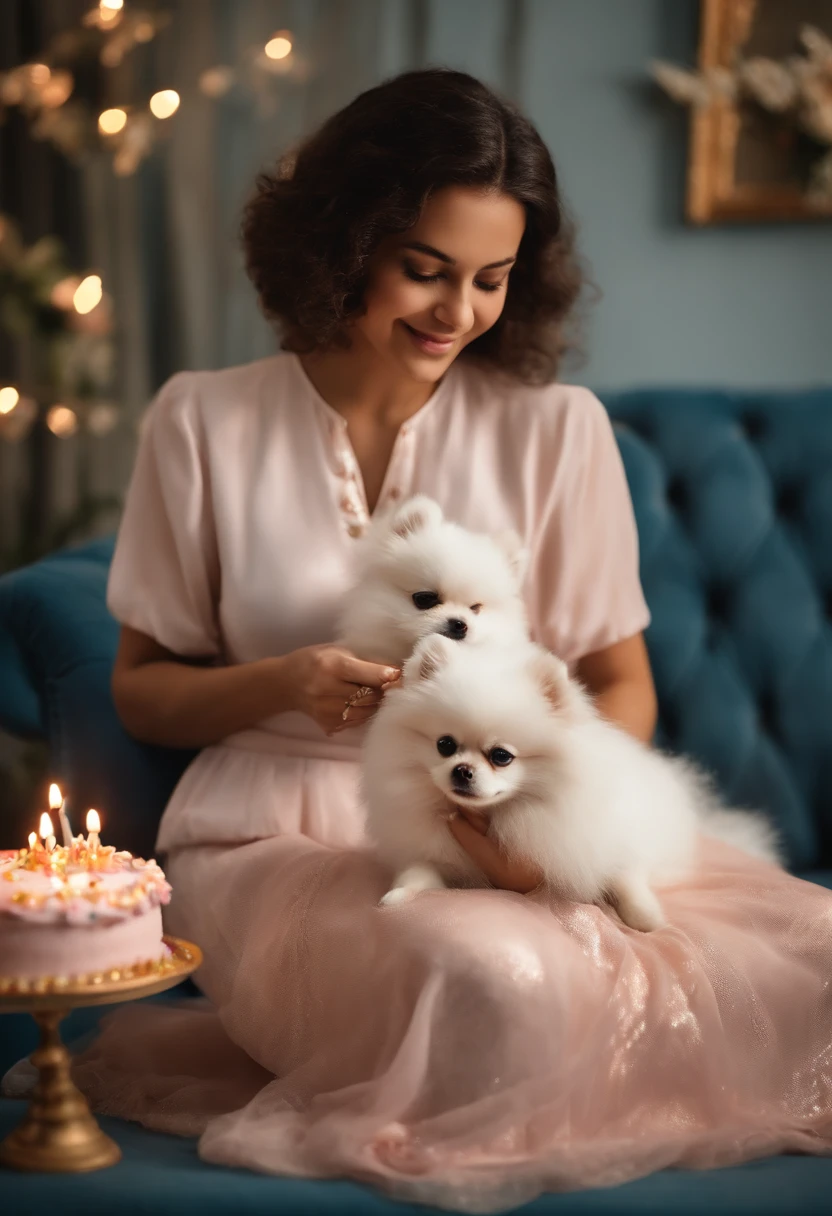 The woman is sitting on the couch with a small white Pomeranian crawling on her lap, in front of a birthday cake, Making a wish for birthday cake, Celebrating your birthday, ela tem cerca de 1 2 anos de idade, pele branca, delicate facial features