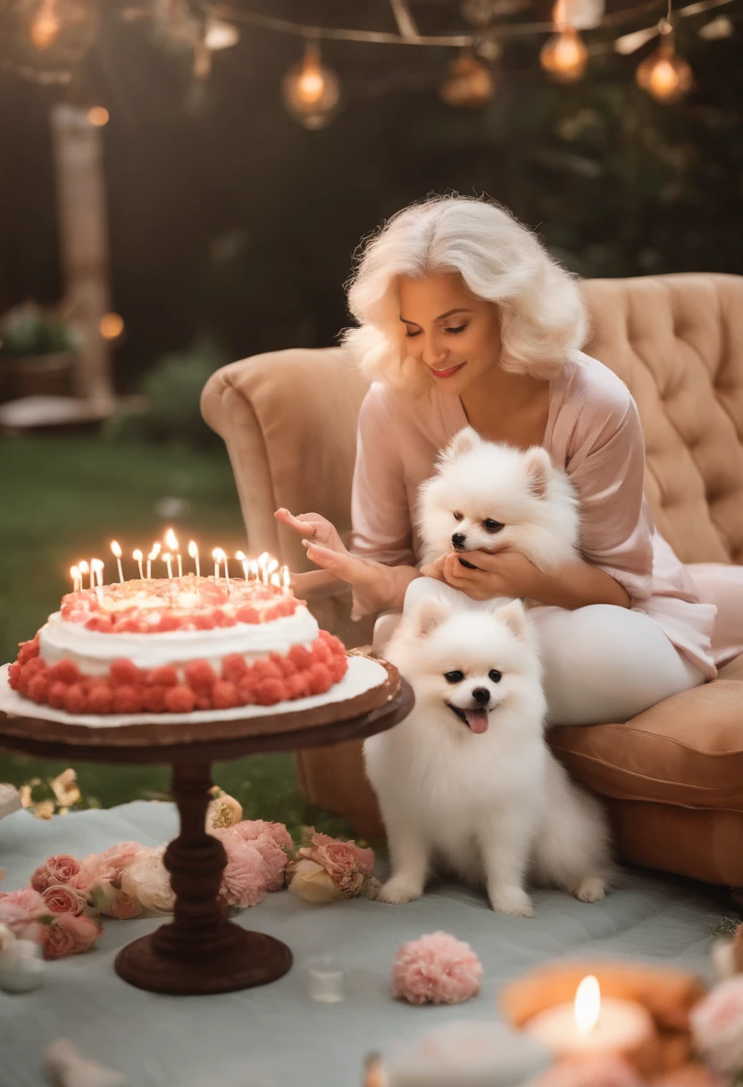 The woman is sitting on the couch with a small white Pomeranian crawling on her lap, in front of a birthday cake, Making a wish for birthday cake, Celebrating your birthday, ela tem cerca de 1 2 anos de idade, pele branca, delicate facial features