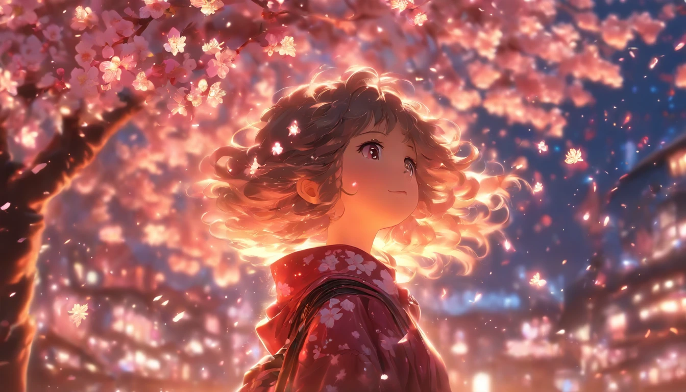 Little girl standing under a cherry blossom tree,Lateral face,full bodyesbian,Small leather boots,ventania,Big wind,messy hair,Stars shine,OC renderer
