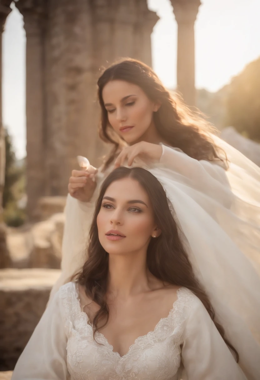 realismo, casal, sacred union of Jesus and Mary Magdalene, melhor qualidade, extremamente detalhado, cinematographic lightning, detalhes intrincados, Altas, Arte Oficial, finamente detalhado belo rosto e olhos, High resolution illustration, 8k, profundidade de campo, Maria Madalena com cabelos negros e olhos rubi, longos cabelos negros, profundos olhos rubi, bela paisagem sagrada, Sacred and Golden Temple Scenery, corpo inteiro, um olhando para o outro