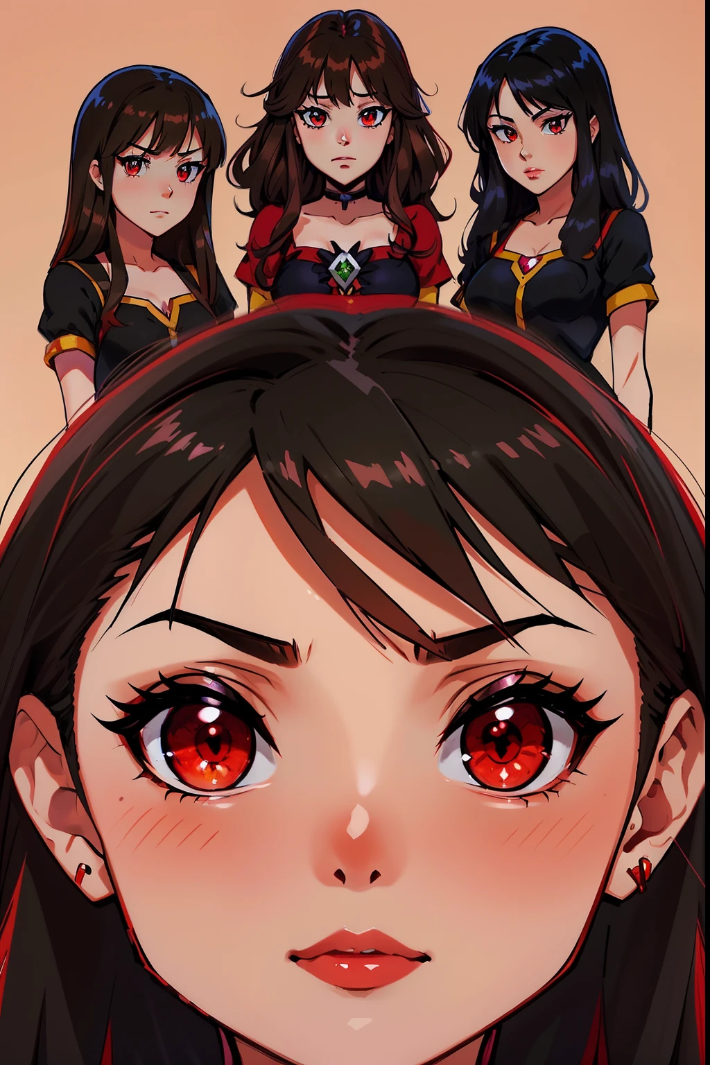 draw megumin and all her three daughters. Megumin (Megumin have black hair, red Eyes) with all little three daughters: Esmeralda, Ruby, Aria Rose. (Esmeralda have brown hair , red eyes). (Ruby have Red Hair, green eyes), (Aria Rose have Black hair, blu eyes)