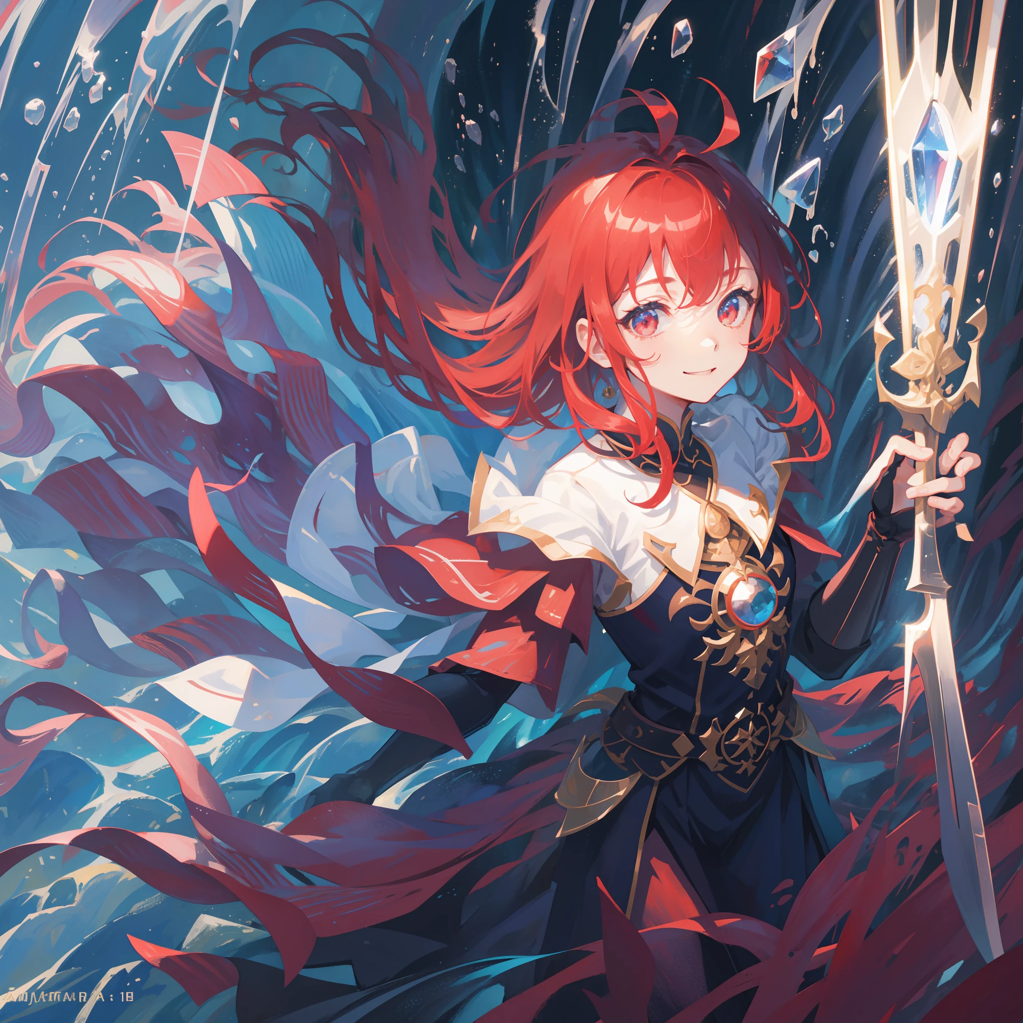 masterpiece、Top image quality、girl with、small tits、Realistic red eyes, Glowing skin、Light red hair、Shiny hair、A smile、Holding a naginata、blue metal armor、Real iron texture、Real iron texture reflection、Armor with fine jewelry、Waterfall background、Crystal clear water texture、Transparency、Grains of light pouring down from above、Bundles of light scattered around the hobo、ultra-definition、Ultra-detailed、Highly colored、Dark Fantasy、真实感、