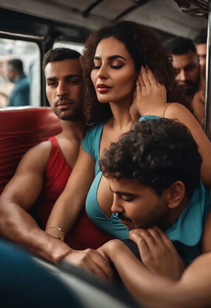 Beautiful thicc Egyptian mom wearing red underwear surrounded by men in a crowded bus. Being touched. Hands on her body