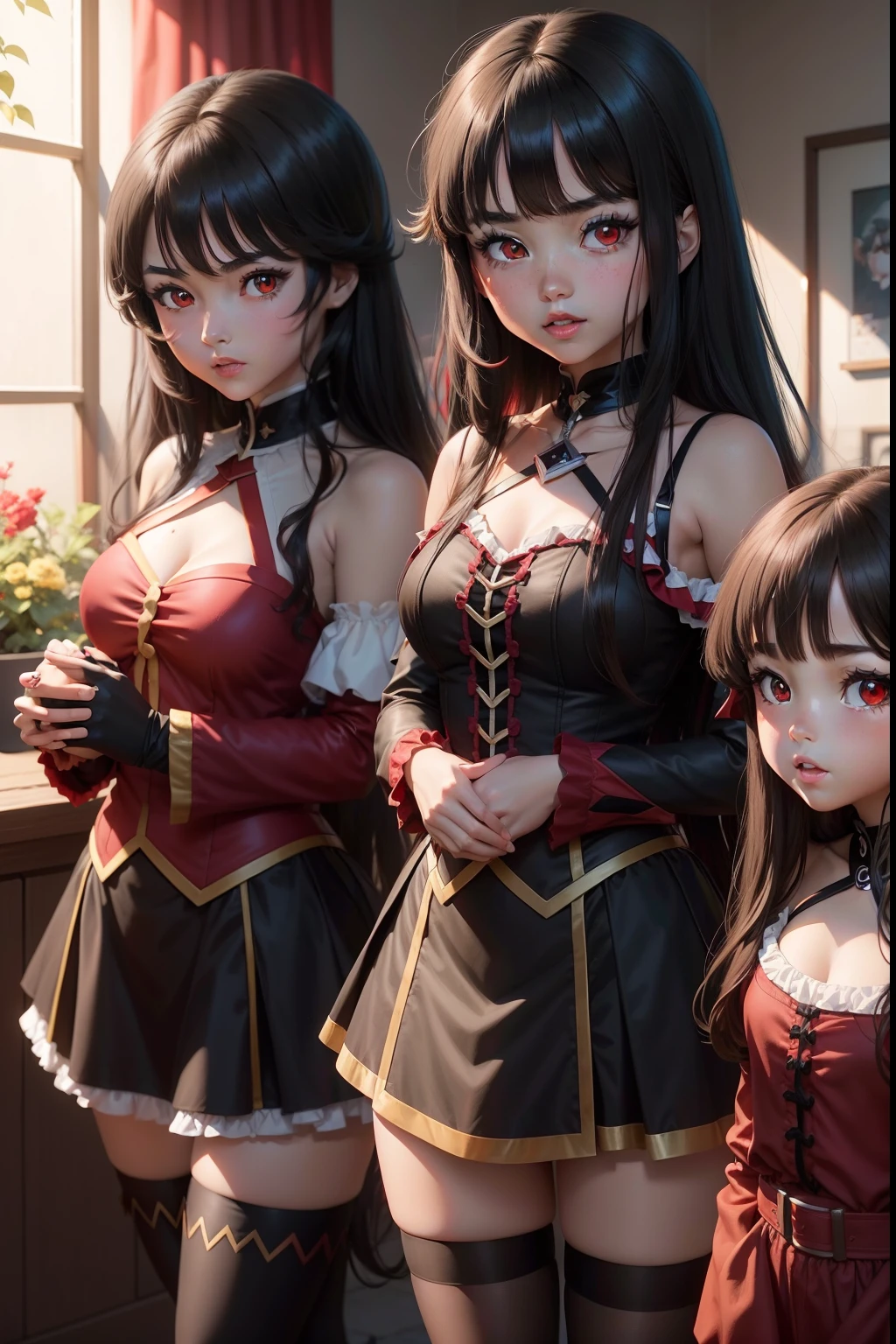 draw megumin and her three daughters. Megumin (Megumin have black hair, red Eyes) with all little three daughters: Esmeralda, Ruby, Aria Rose. (Esmeralda have brown hair , red eyes). (Ruby have Red Hair, green eyes), (Aria Rose have Black hair, blu eyes)