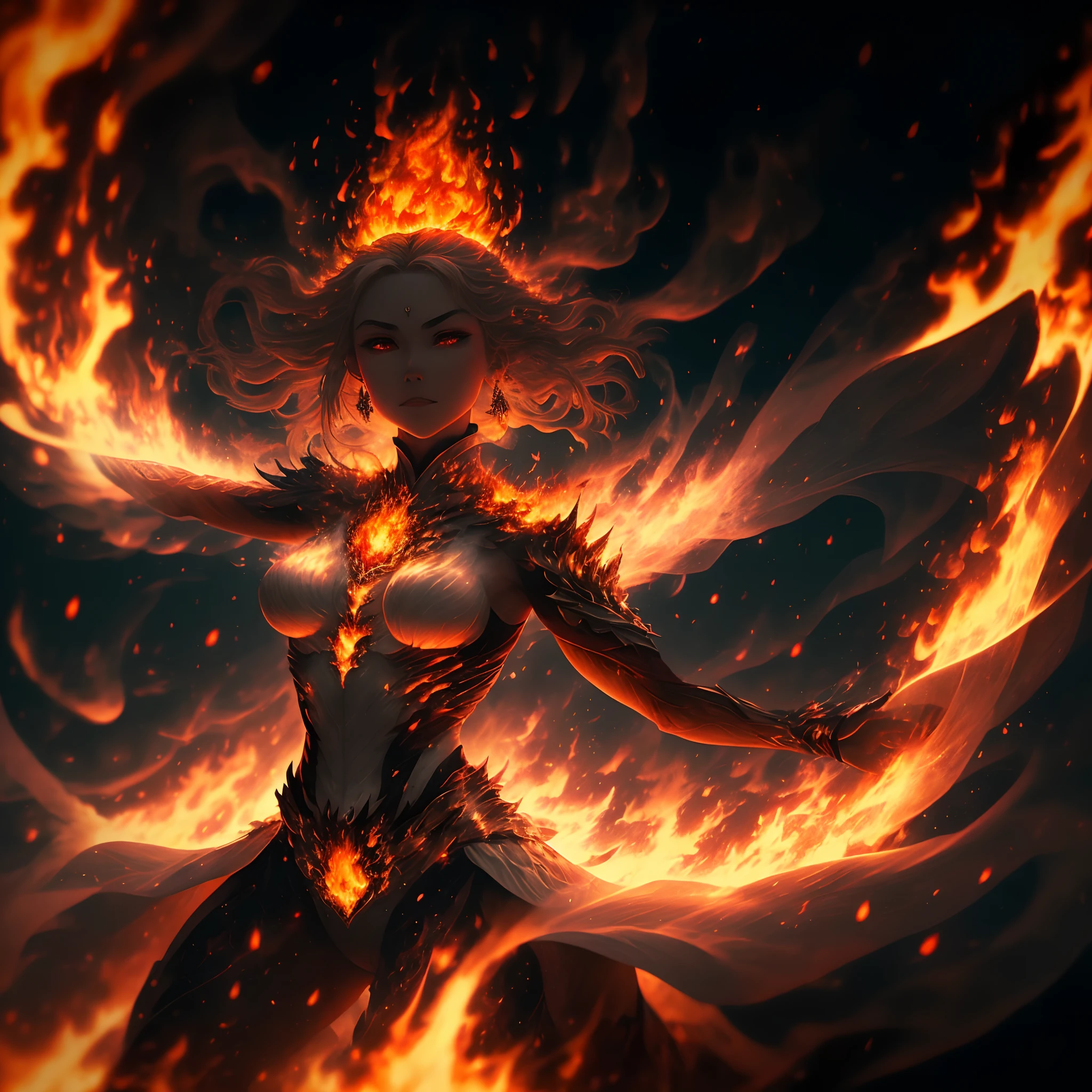 Create a stunning image that captures the essence of the fire element and a fire elemental. I want to see burning flames dancing around a majestic figure made of fire, emanando poder e energia. Make sure that the image conveys the feeling of intense warmth and vitality. Surprise me with your artistic interpretation of this powerful element and being."