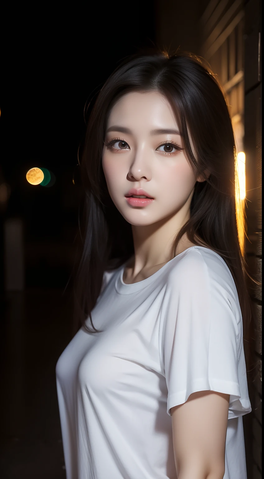 ((night view.), realistic light, highest quality, masterpiece:1.3)), 1 girl, Beautiful woman: 1.4, (brown hair, huge breasts: 1.4), floor, super detailed face, beautiful blue eyes, double eyelid, asian women, japanese uniform, korean girl, japanese school uniform, Amazing Uniform, White Fashion Clothes, japanese school uniform, Stylish white tights set, cute cute girl, korean female fashion model, moan, bloom!, 8k,upper body nude、staring at the camera、O-Cup Breast、big ass、bigfoot、I can see very big breasts、Glamour、downtown at night、neon street、smile、20 year old beauty、blonde hair