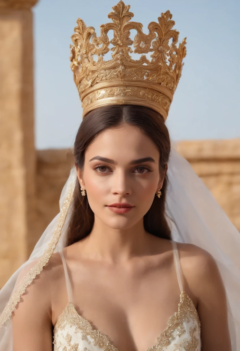 crie imagem realista, Extremamente Detalhada, cena do casamento de Maria Madalena e Jesus Cristo, posicionados um de frente para o outro. Maria Madalena em um longo, Red dress with a bouquet of red roses in hand with a beautiful golden crown on the head. Jesus is receptive with a serene gaze in front of him. master part, melhor qualidade, extremamente detalhado, cinematographic lightning, detalhes intrincados, Altas, Arte Oficial, finamente detalhado belo rosto e olhos, High resolution illustration, 8k, profundidade de campo, realismo, casal, sacred union of Jesus and Mary Magdalene, Maria Madalena com cabelos negros e olhos rubi, longos cabelos negros, profundos olhos rubi, bela paisagem sagrada, Sacred and Golden Temple Scenery, corpo inteiro, um olhando para o outro
