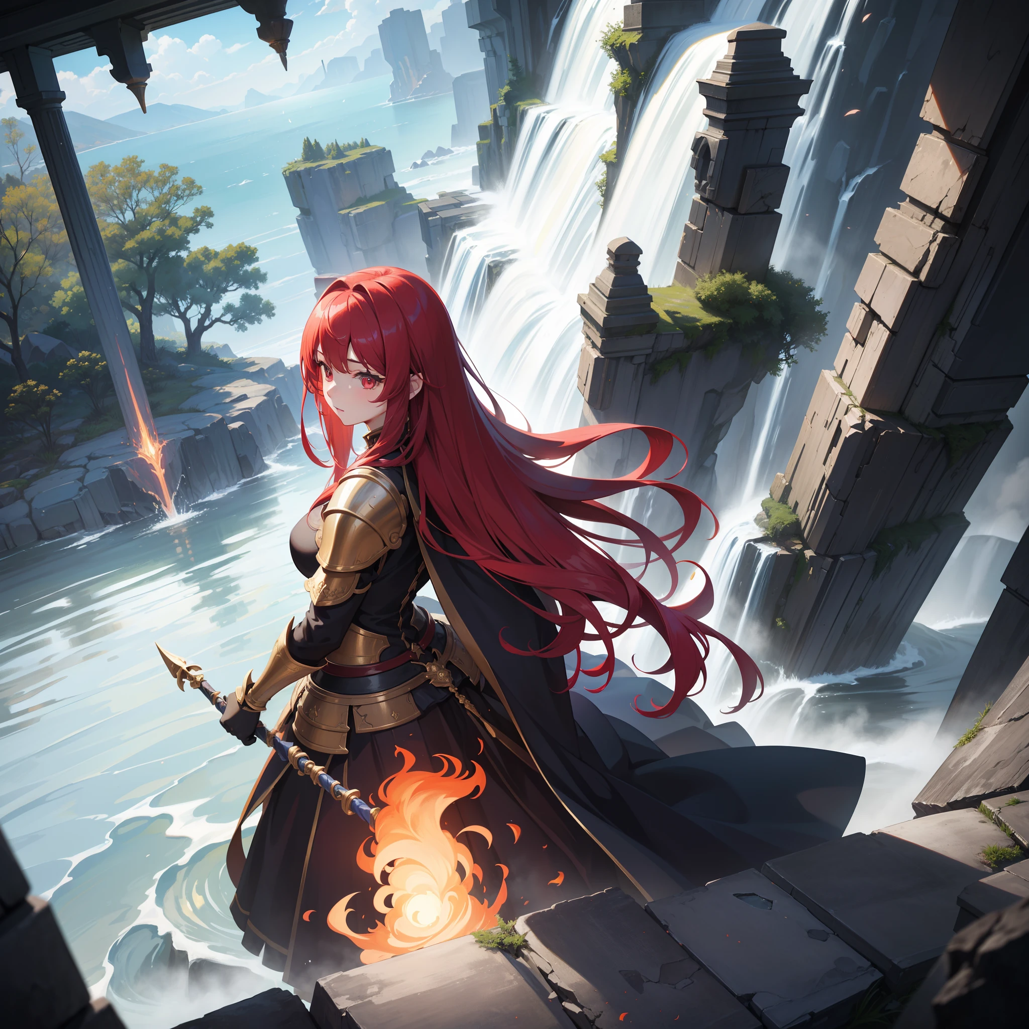 ​masterpiece、Top image quality、girl with、small tits、Realistic red eye, Glowing skin、Light red hair、Shiny hair、Iron Spear、Large Iron Shield、Sharp eyes、Heavy armor built of blue steel、Real iron texture、Real iron luster、Armor with fine jewelry、Waterfall background、Pillar of Flames Erupting、Transparency、Grains of light pouring down from above、Realistic Temples、Detailed background image、Degraded pillars、Ultra-detailed、Highly colored、Dark Fantasy、真实感、