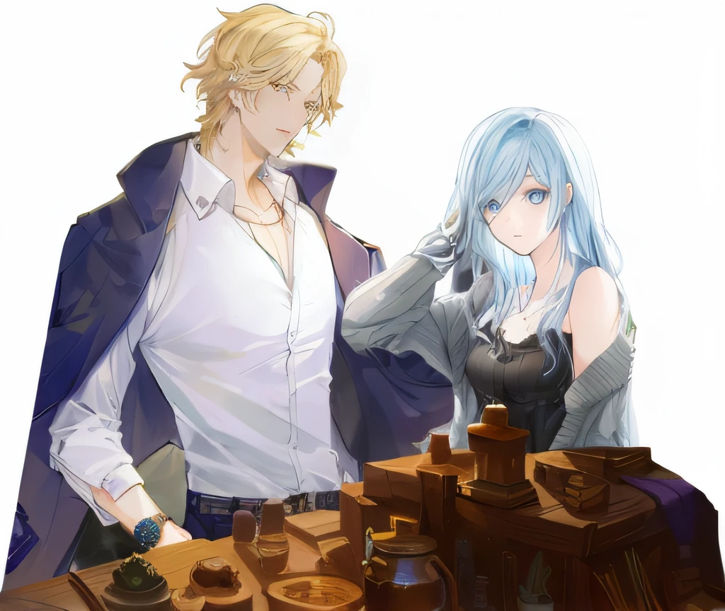 Imagen de anime de un par de personas de pie junto a una mesa, Rimuru jugando al ajedrez, Sakimichan y Frank Franzzeta, Sirius A y Sirius B, !!Jugando al ajedrez!!, Artgerm y Genzoman, Ben Maier y Sakimichan, Kirokaze y Paul Robertson, Fanart de alta calidad